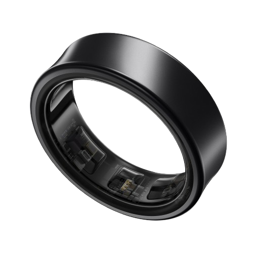 Anillo inteligente negro con componentes internos visibles. El anillo es circular y elegante.