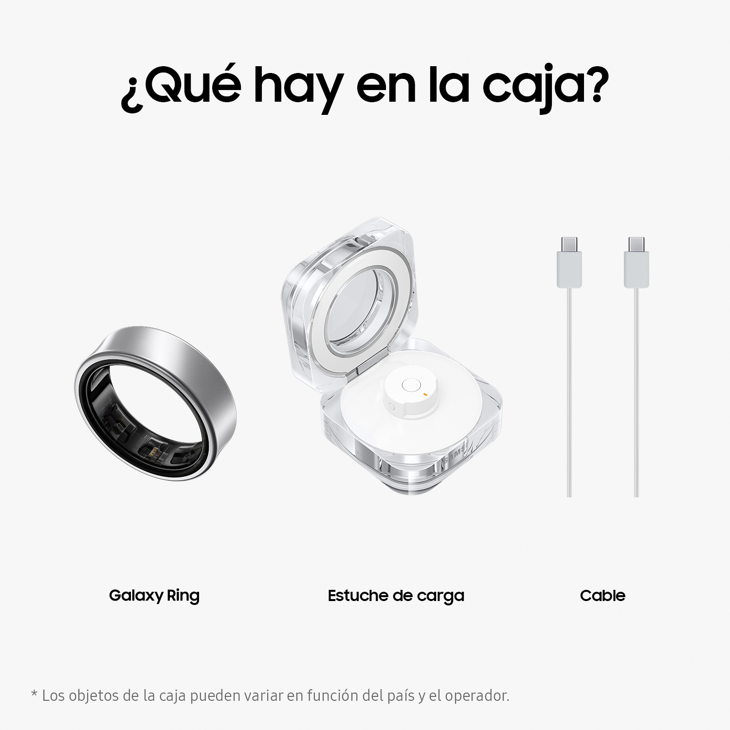 Galaxy Ring y accesorios. Incluye el anillo, el estuche de carga y un cable de carga. El texto está en español.