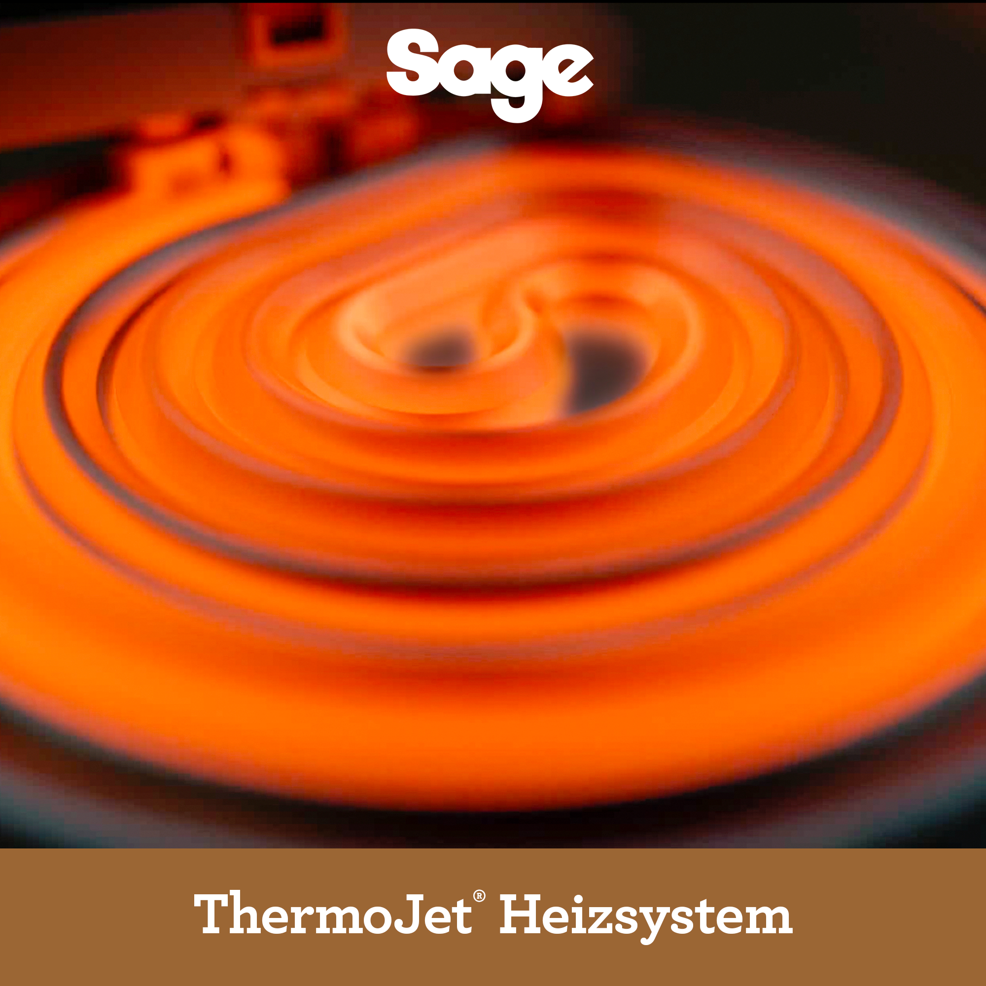 Nahaufnahme eines glühenden orangefarbenen Heizelements, mit dem Sage-Logo oben.