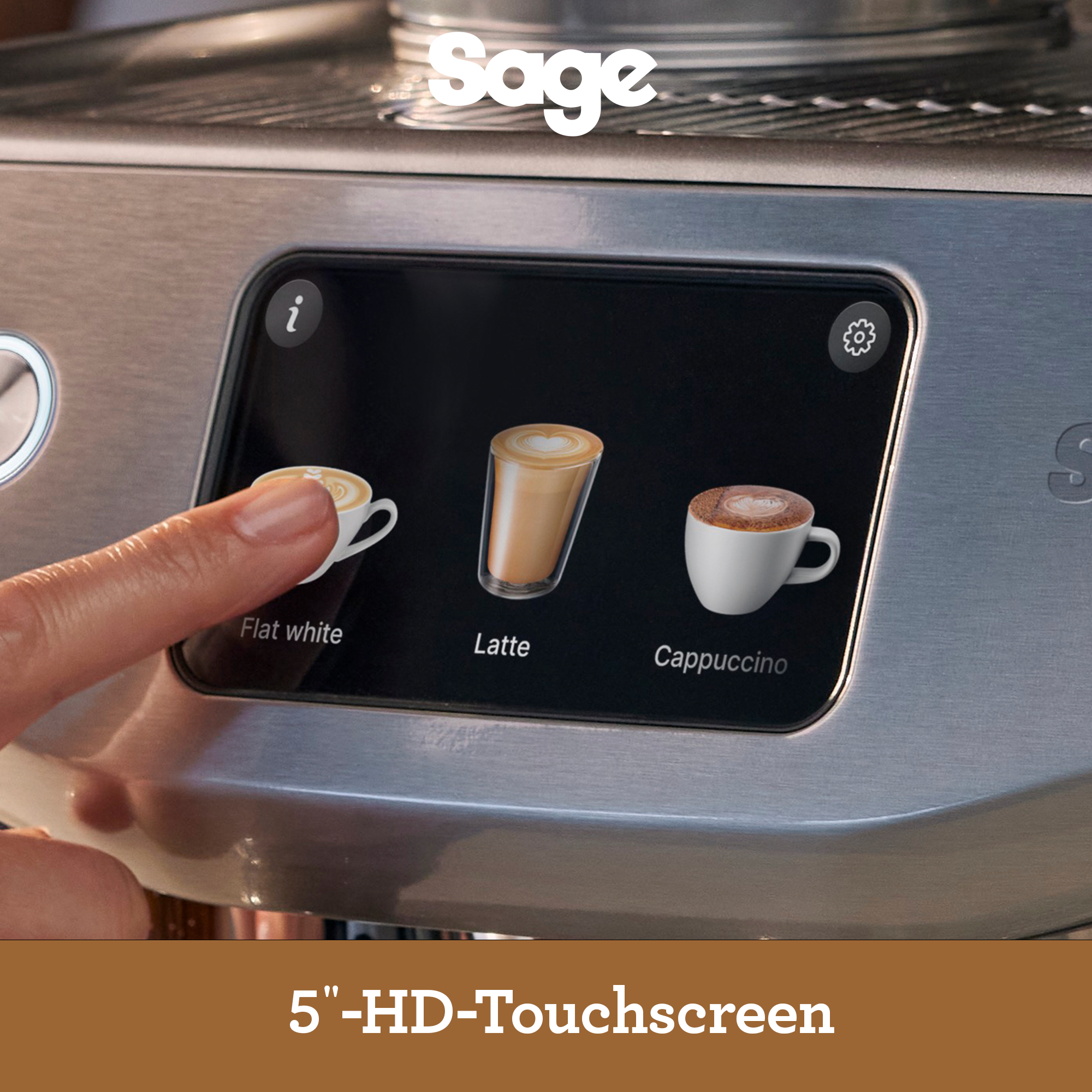 Ein Finger berührt einen Touchscreen, auf dem Kaffeeoptionen angezeigt werden: Flat White, Latte und Cappuccino.