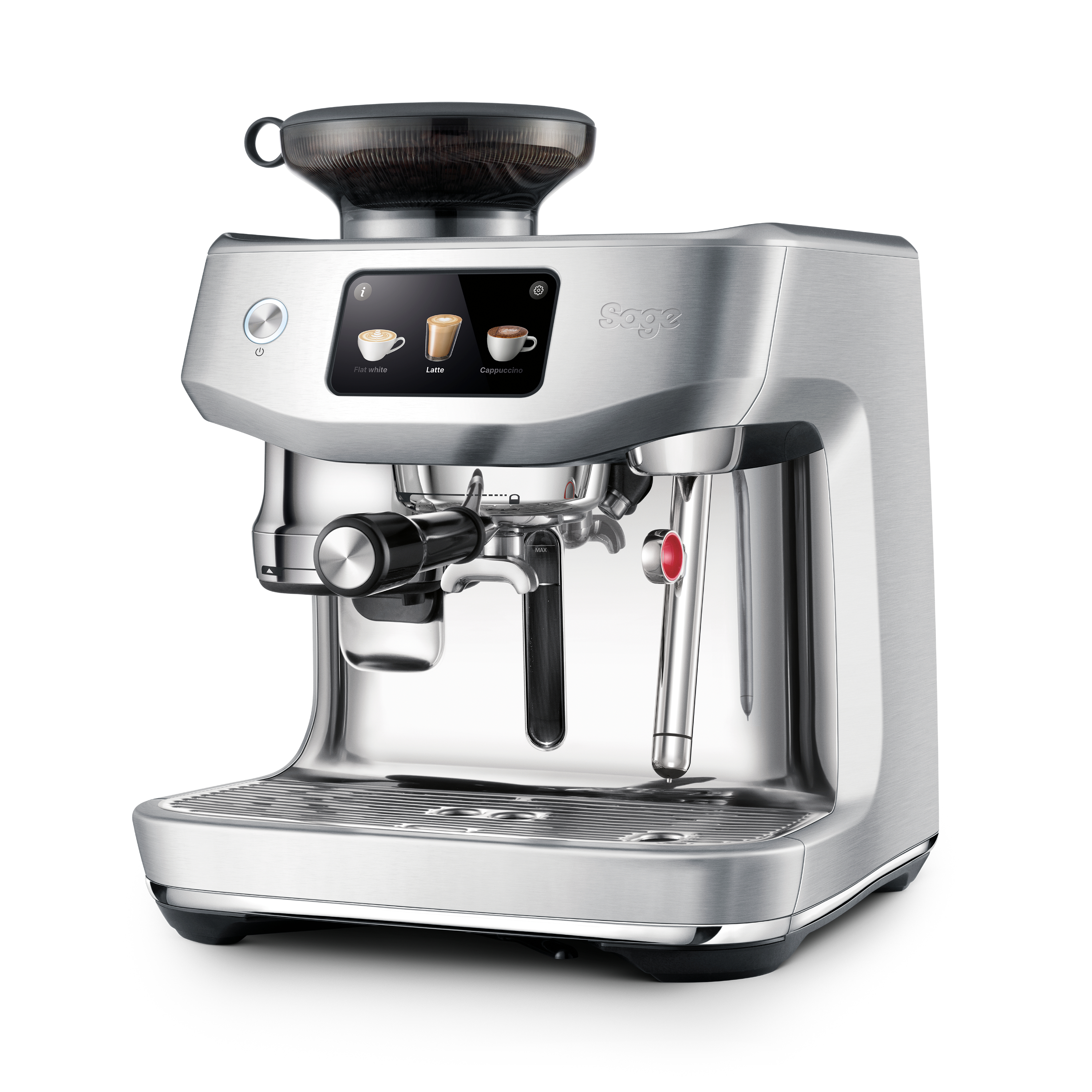 Silberne Espressomaschine mit Bildschirm und schwarzem Bohnenbehälter oben.