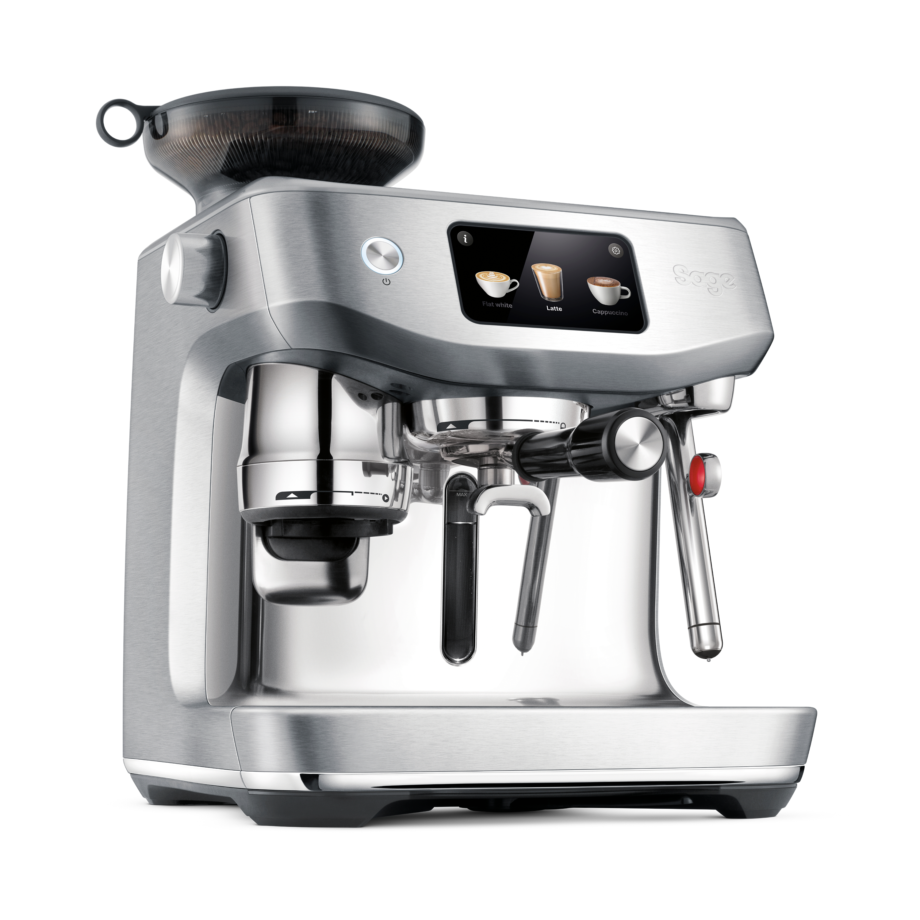 Silberne Espressomaschine mit Touchscreen und Mahlwerk, auf weißem Hintergrund.