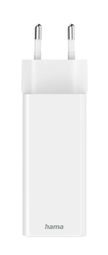 Biała ładowarka do telefonu z dwoma srebrnymi bolcami i napisem 'hama' u dołu.