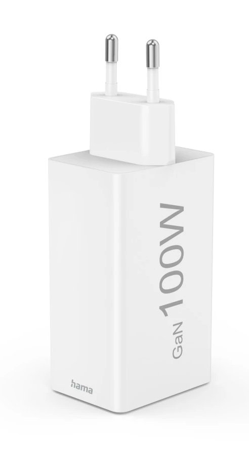 Biała ładowarka ze srebrnymi bolcami i napisem '100W GaN'.