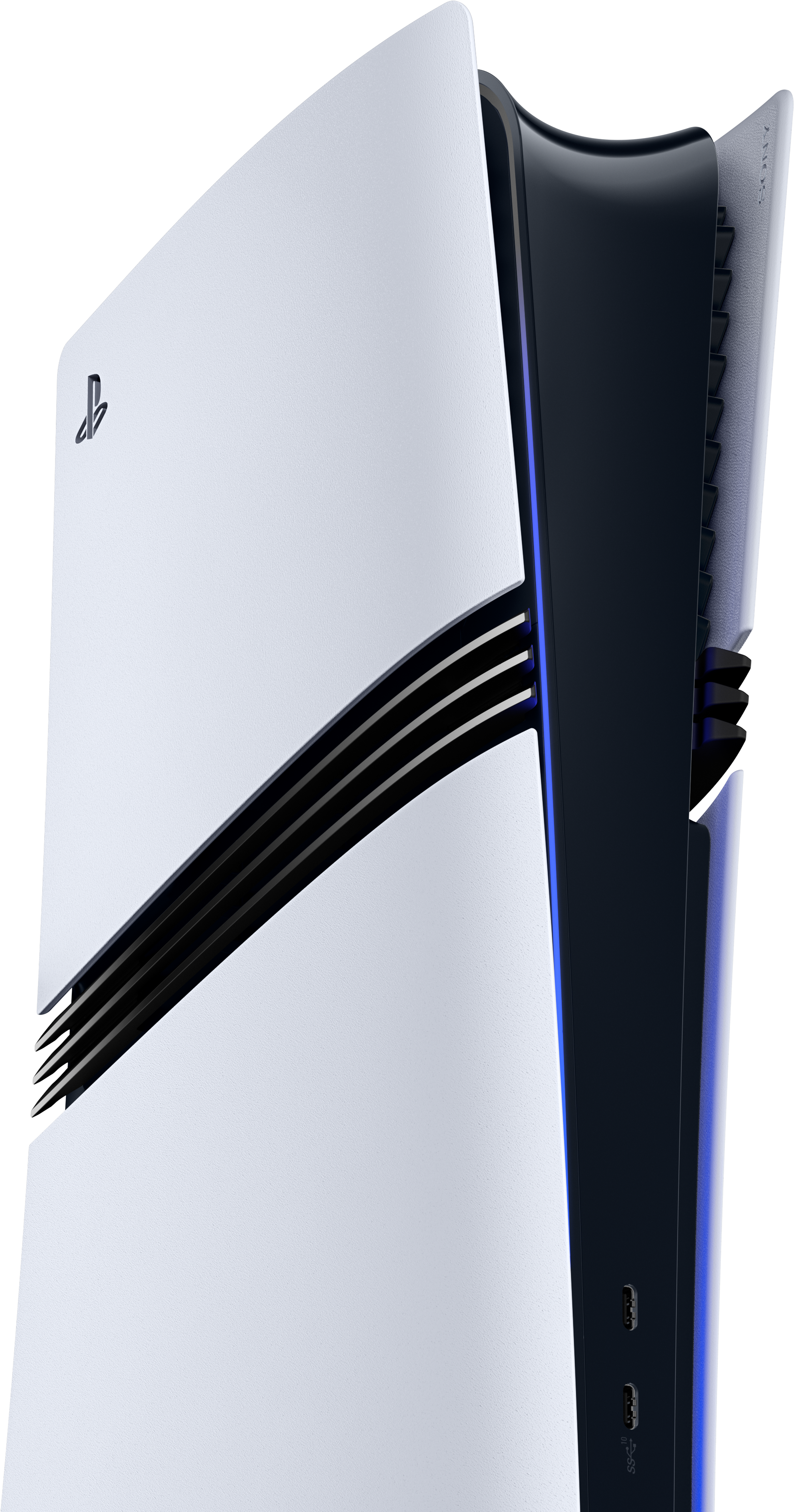 Console PS5 blanche et noire, vue en biais. Design élégant et moderne.