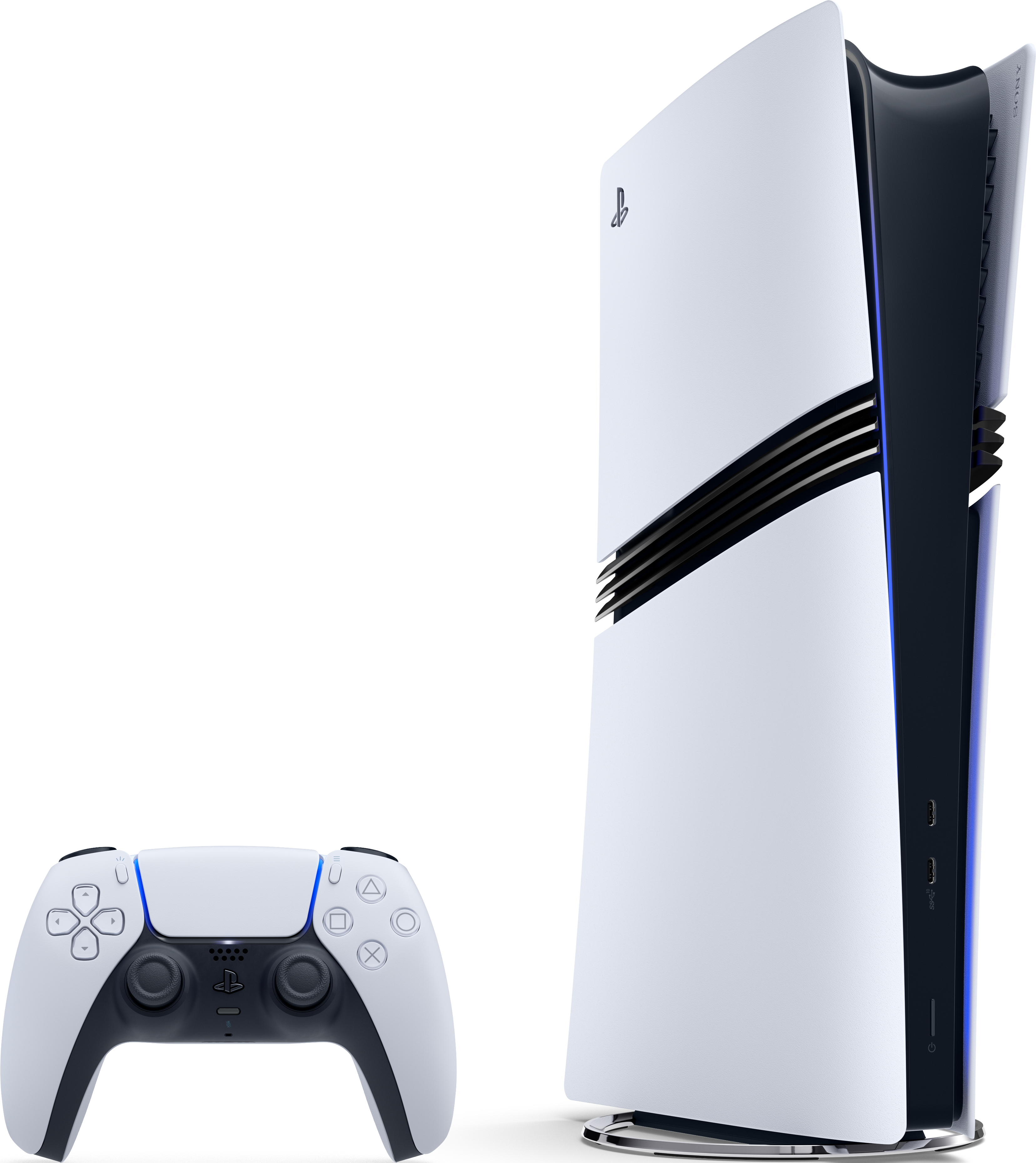 Weiße PS5-Konsole steht vertikal, mit passendem Controller links.