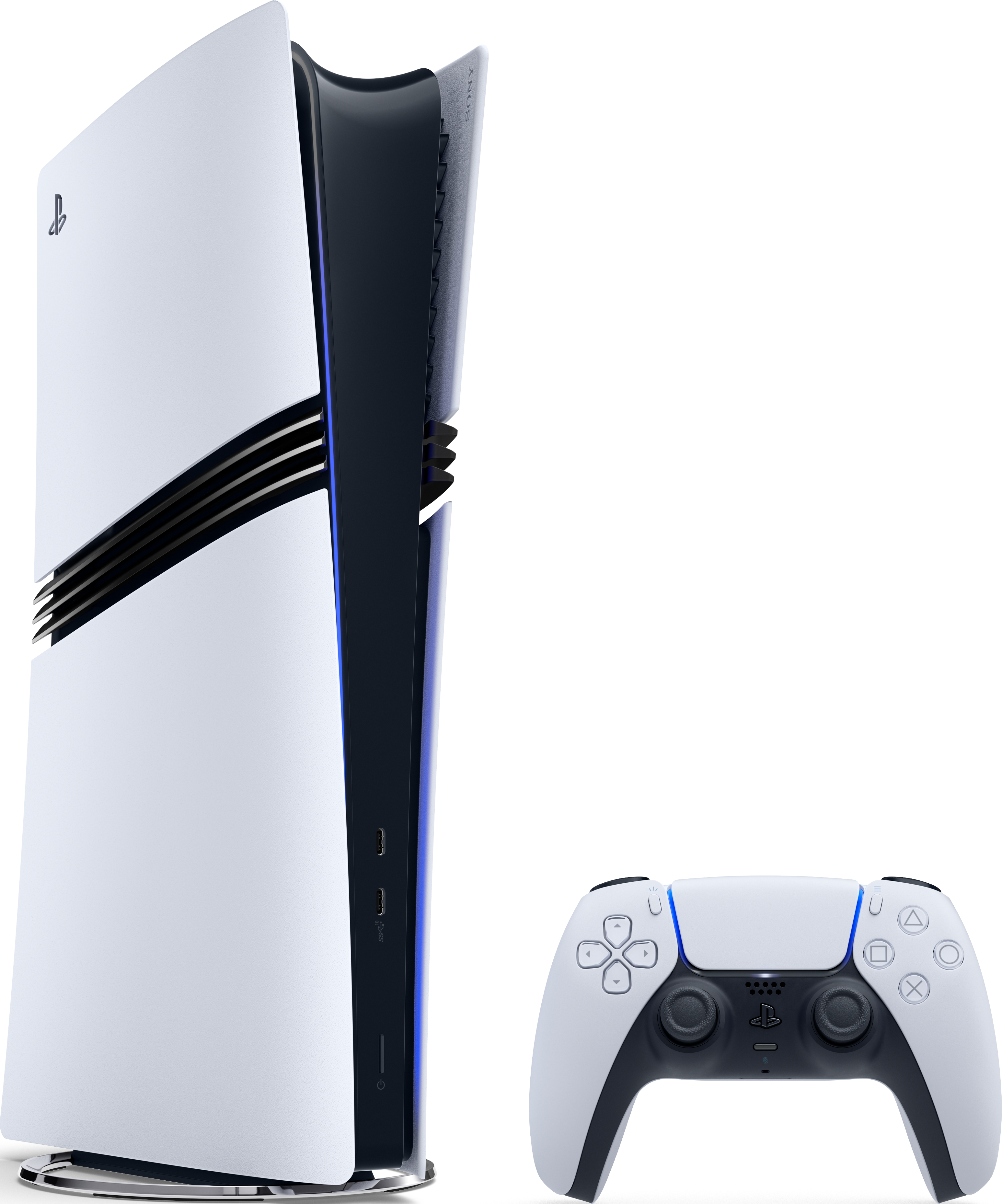Un ensemble console et manette Playstation 5 blanc sur fond noir.