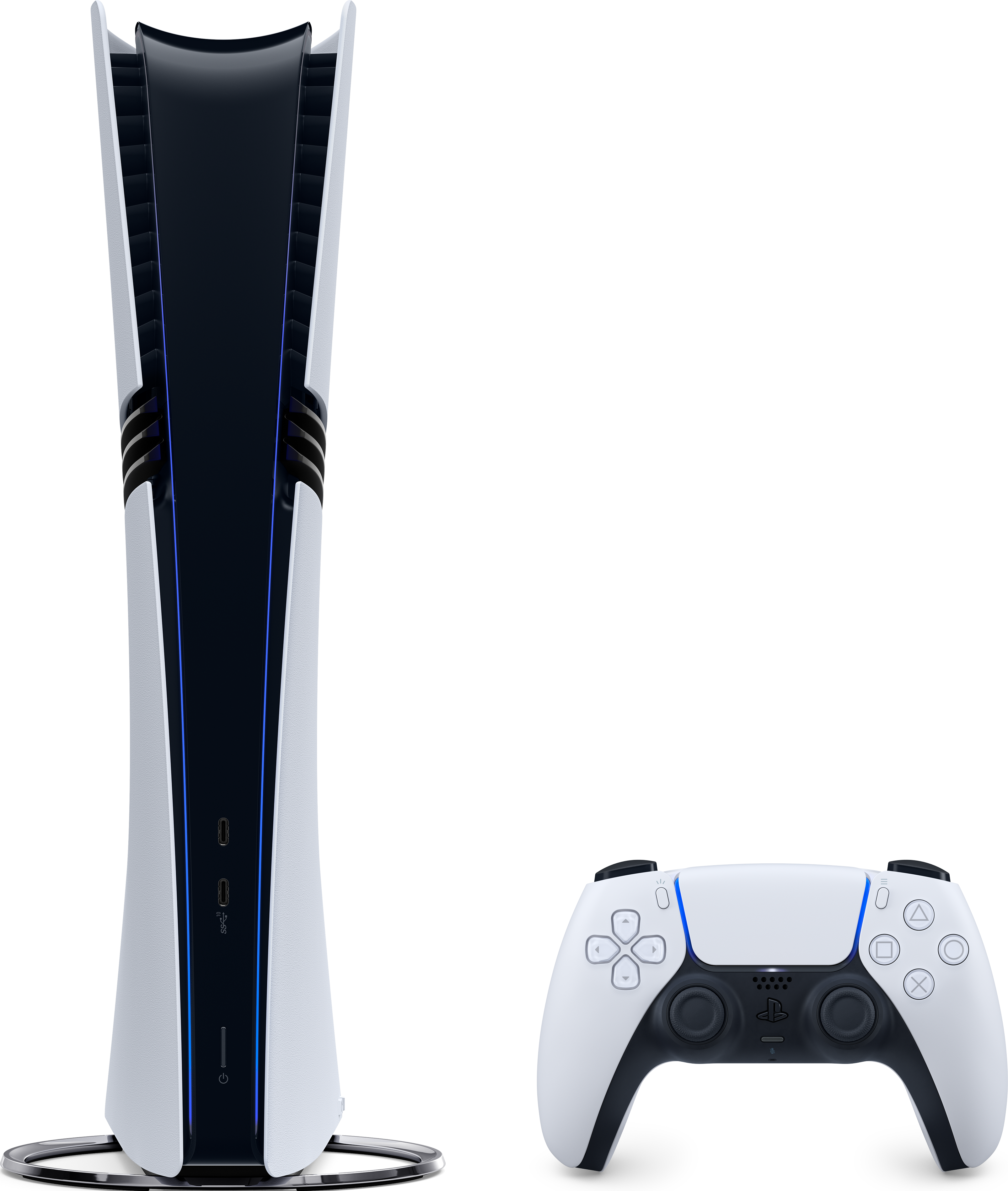 Une console PlayStation 5 noire et blanche et une manette blanche sur fond noir.