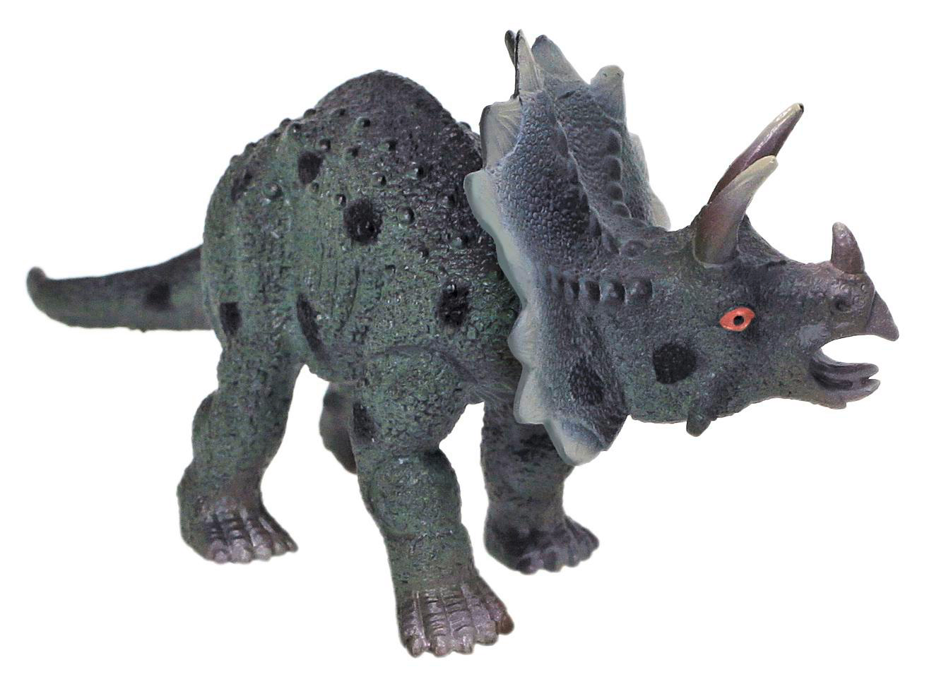 Ein grünes Triceratops-Dinosaurier-Spielzeug, isoliert auf weißem Hintergrund.
