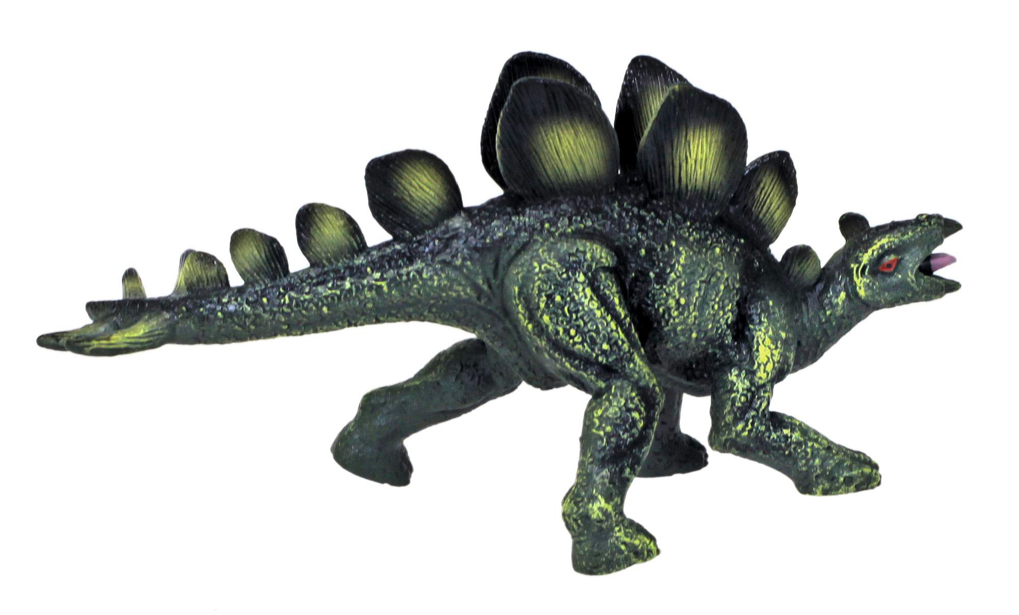 Grüner und schwarzer Spielzeug-Dinosaurier mit Stacheln, Zunge und roten Augen.
