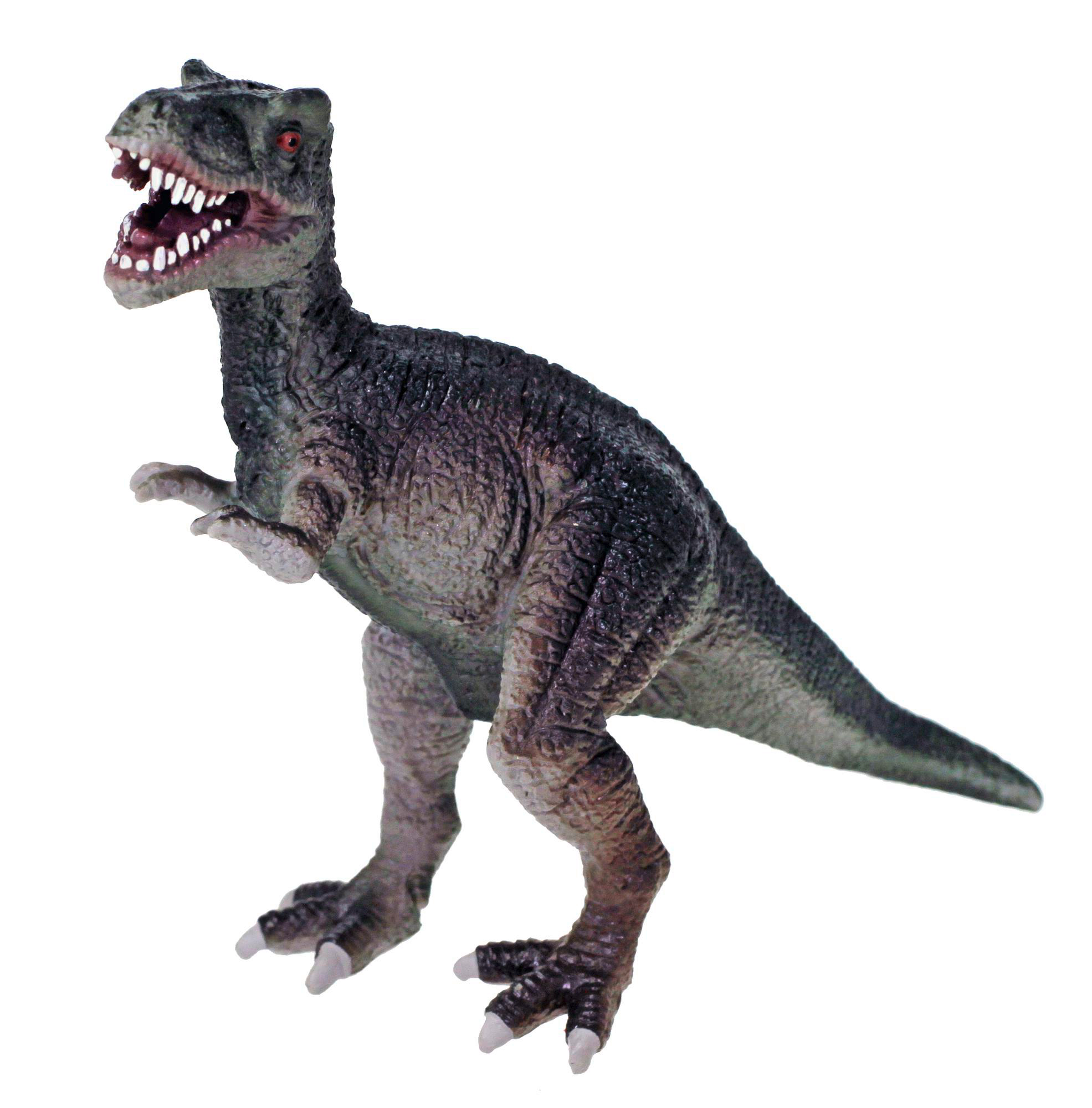 Ein Dinosaurier-Spielzeug, ein grauer T-Rex, steht auf einer weißen Oberfläche, Mund offen, Zähne zeigend.