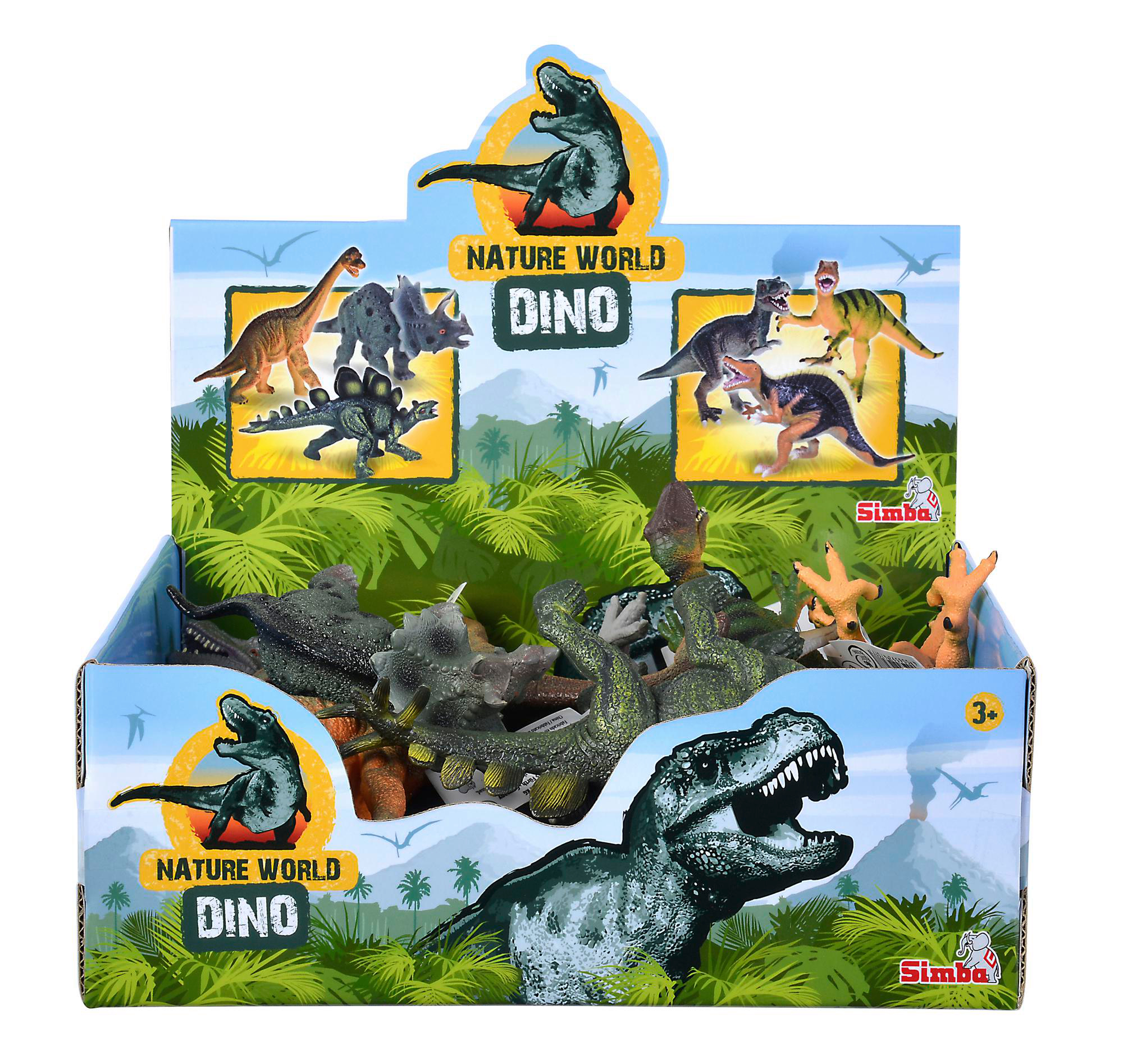 Eine Vitrine mit Dinosaurierfiguren, mit Bildern und Textbeschriftungen darüber.