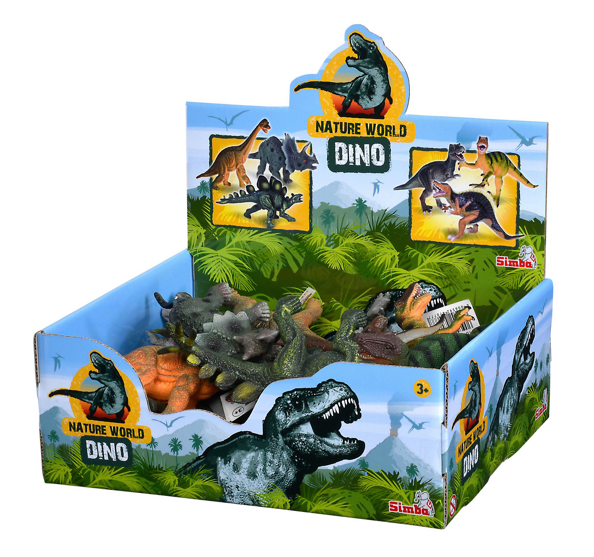 Spielzeug-Displaybox mit Dinosaurier-Figuren. Die Box hat Grafiken von Dinosauriern und Natur.
