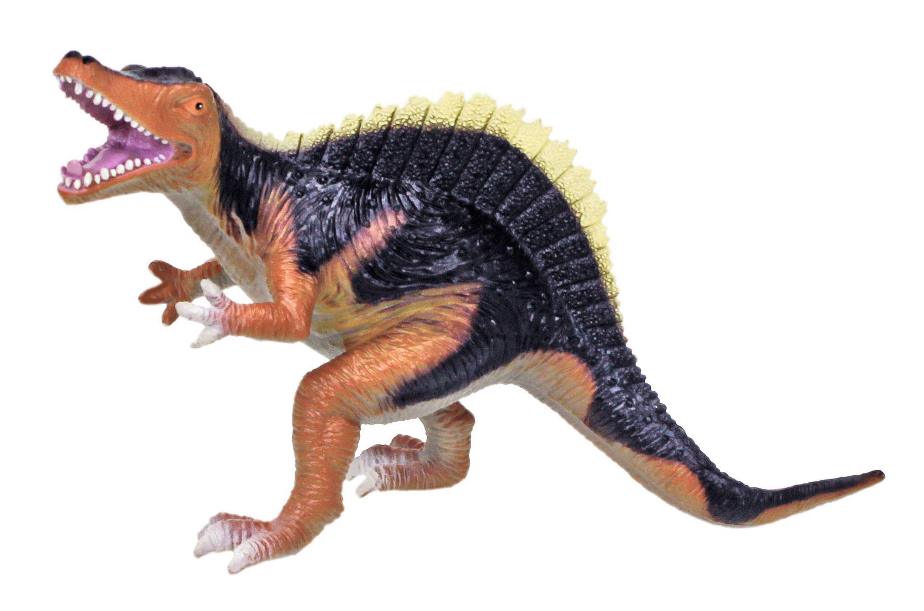 Spielzeug-Dinosaurier. Orange, schwarz und gelb gefärbt. Offener Mund mit Zähnen.