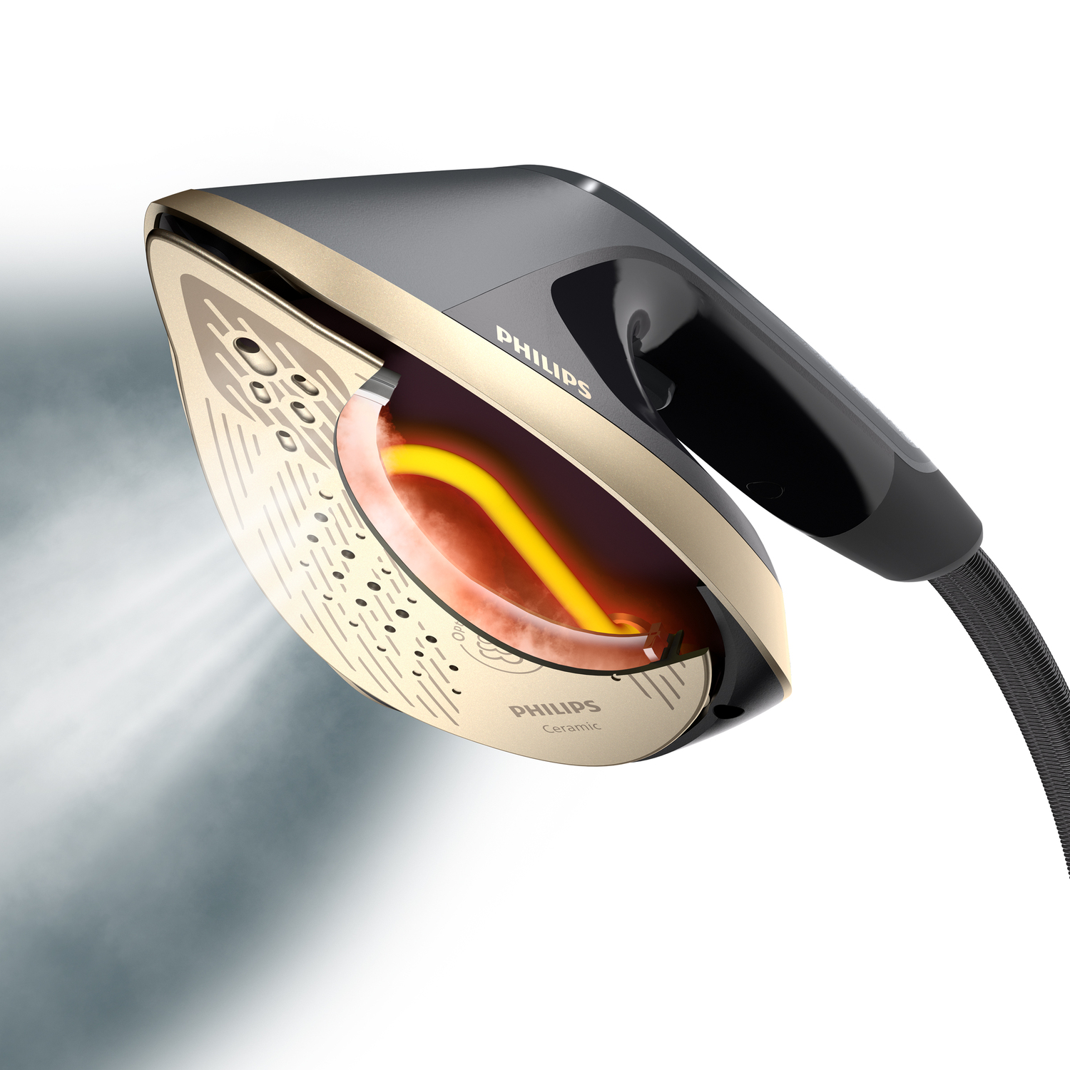 Gros plan sur un fer à repasser Philips avec de la vapeur. Le fer a une palette de couleurs or et noir.