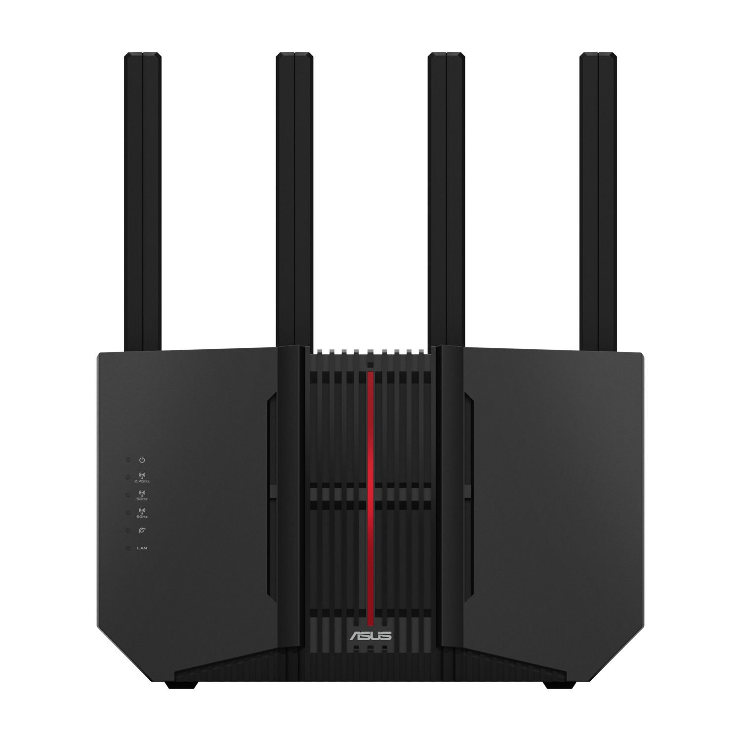 Routeur Wi-Fi noir, vue de dessus. Il a quatre antennes et une bande rouge au milieu. Logo ASUS.