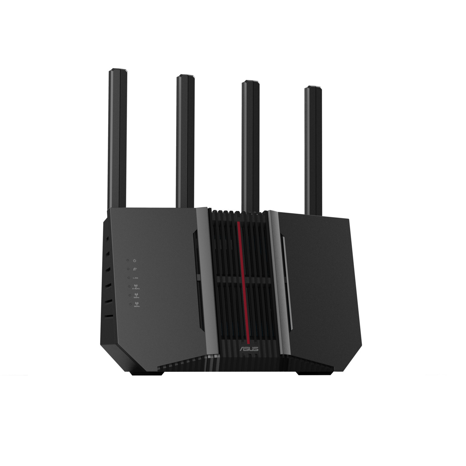 Routeur noir avec quatre antennes. Logo ASUS visible. Le fond est blanc.