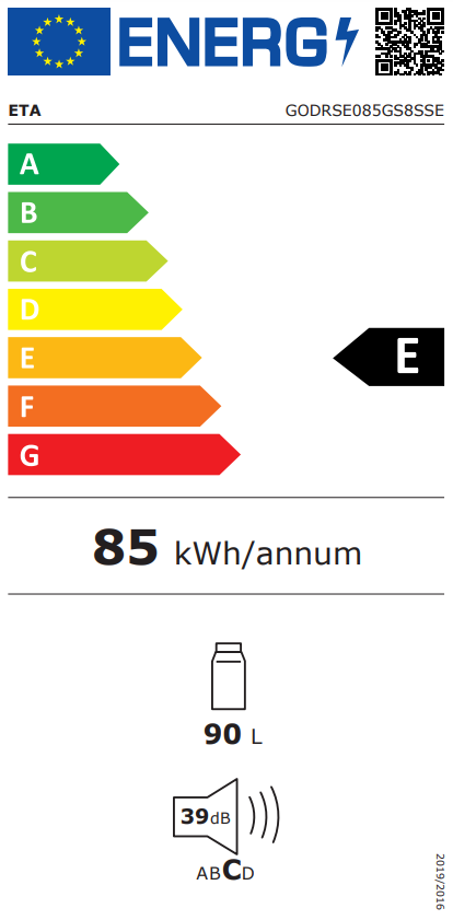Egy energia cimke A-tól G-ig terjedő besorolásokkal, egy 'E' besorolást mutat egy hűtőszekrénynek.