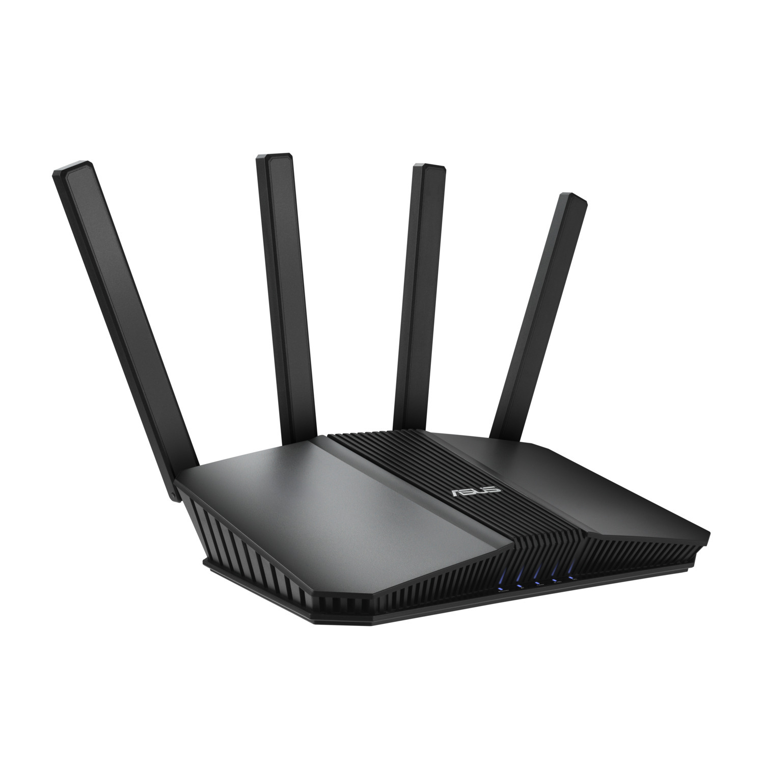 Routeur noir avec quatre antennes sur fond blanc. Le routeur a plusieurs fentes.