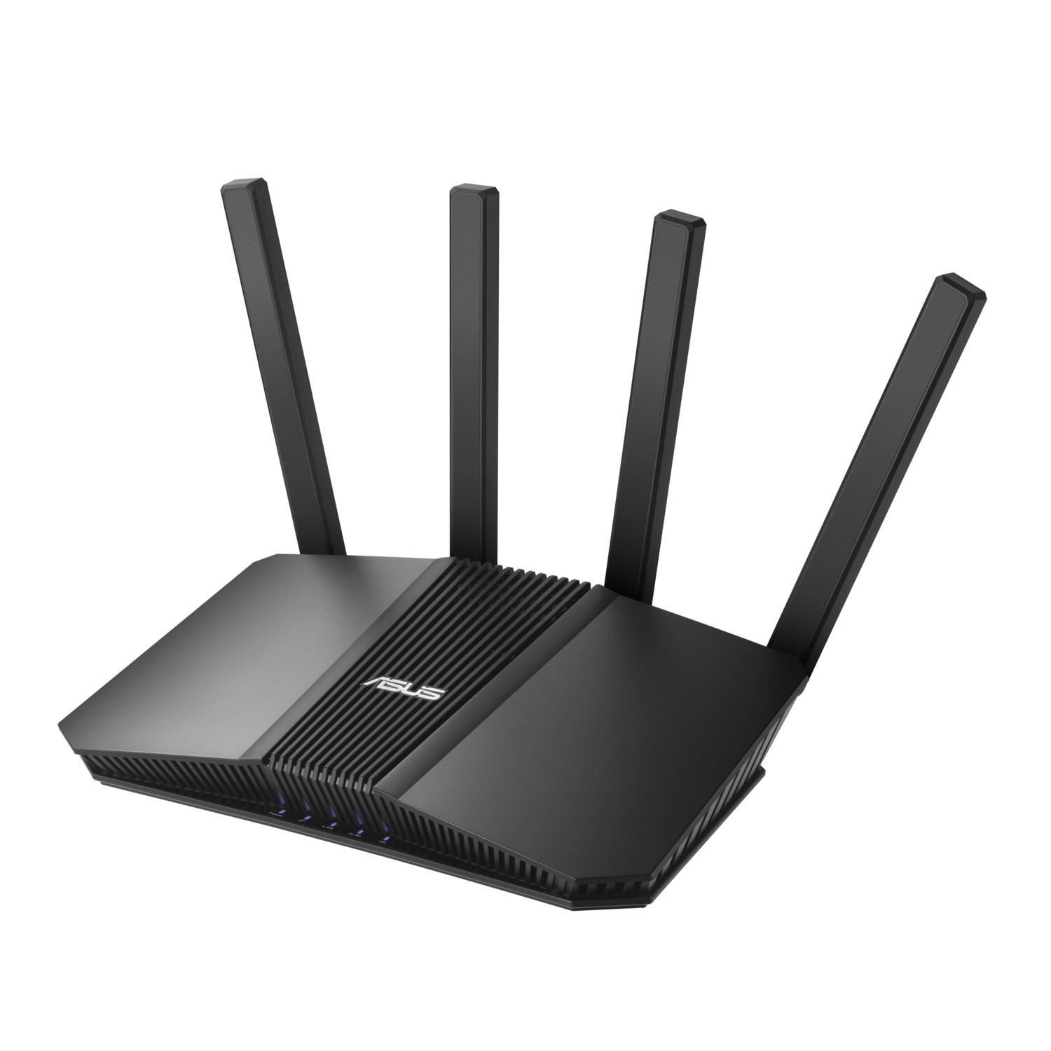 Routeur ASUS noir avec quatre antennes. Le routeur est sur un fond blanc. Le logo ASUS est centré sur le devant.