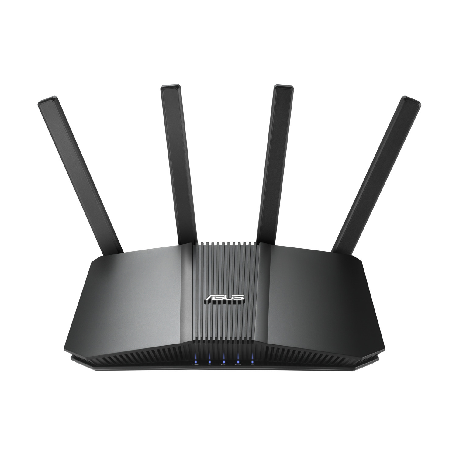 Routeur ASUS noir avec quatre antennes. Le dessus a un design strié et l'avant le logo ASUS.