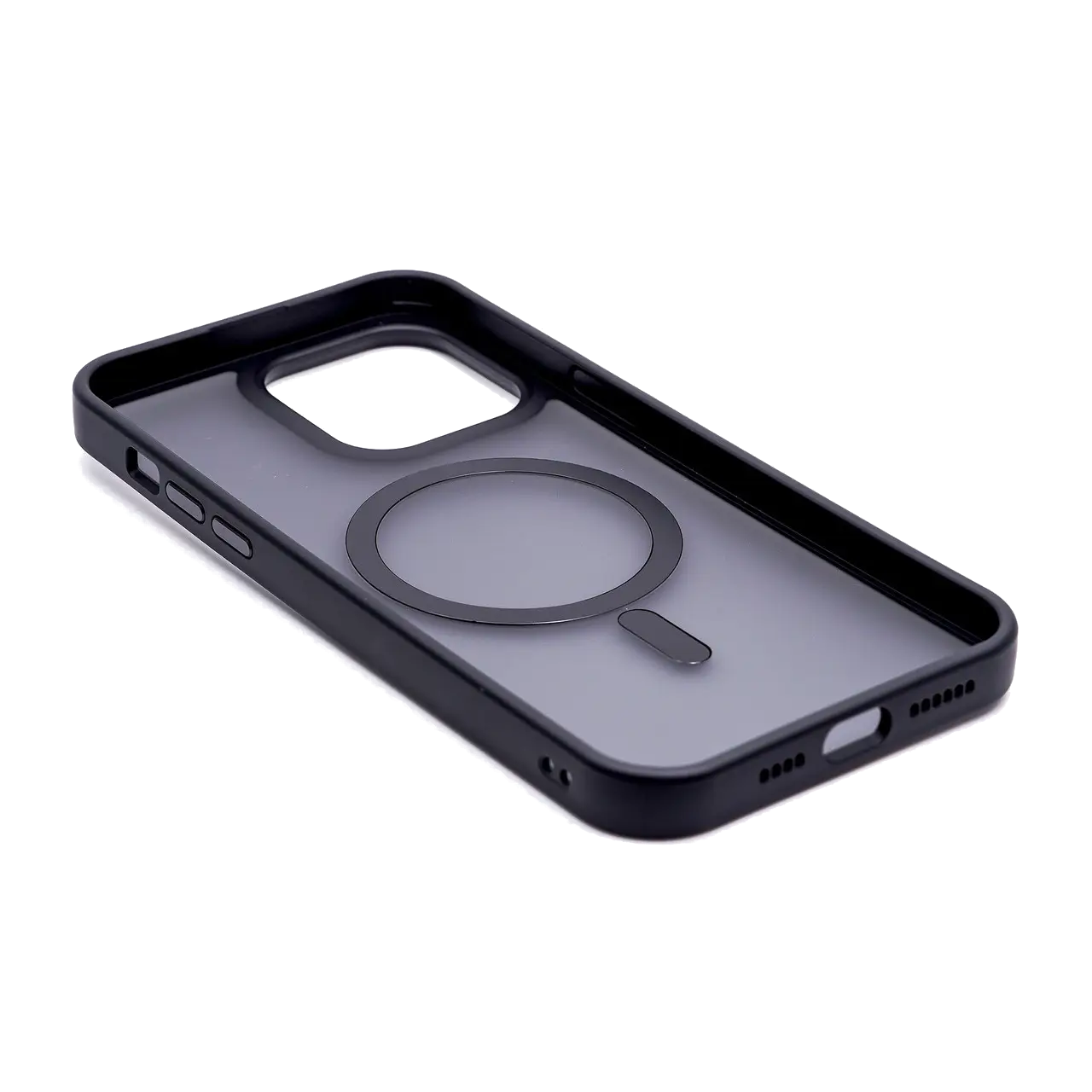 Manyetik halkalı siyah telefon kılıfı. İç kısmı, siyah bir çerçeve ile görülebilir.