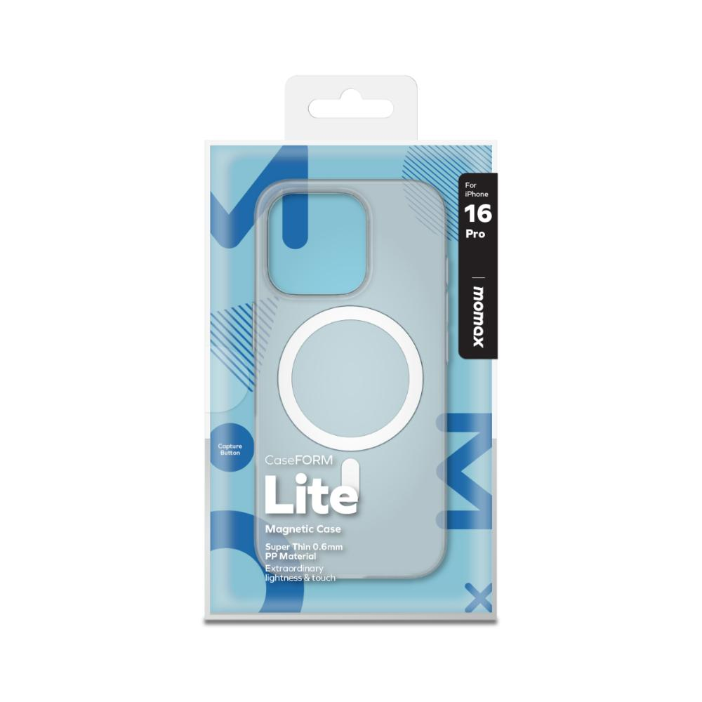 Beyaz ve mavi telefon kılıfı kutusu. Kutuda iPhone 16 Pro için CaseFORM Lite yazıyor.