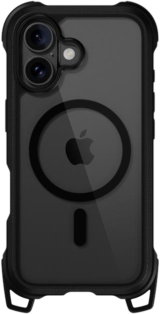 Fekete telefontok Apple logóval és mágneses körrel. Fekete háttér.