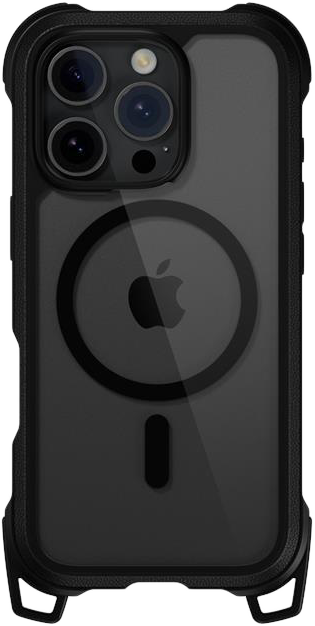 Fekete telefontok átlátszó hátlappal és fekete kerettel, Apple logóval.