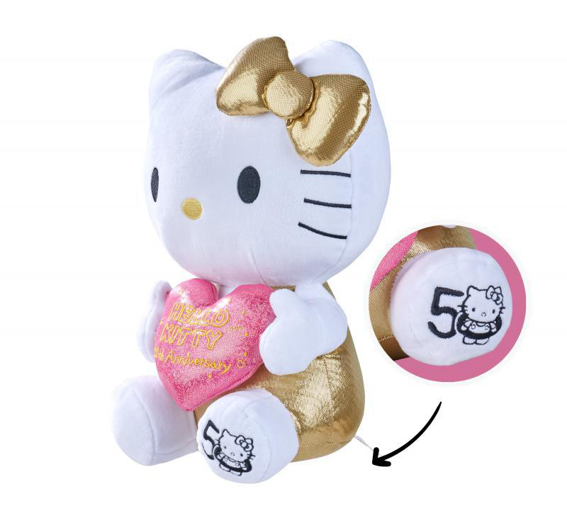 Hello Kitty Plüschtier, das ein rosa Herz mit Text hält, 50. Jahrestag. Ein zweites Bild zeigt ein 50-Logo.