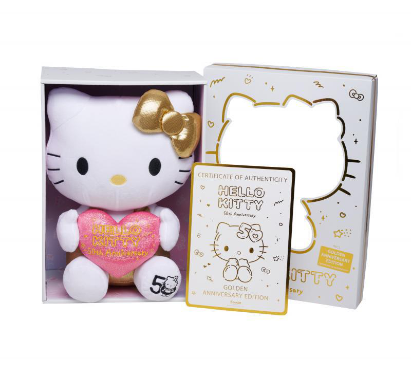 Eine Hello Kitty-Puppe in einer Schachtel mit einer goldenen Schleife und einem Zertifikat daneben.