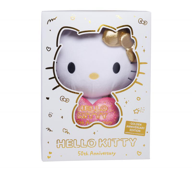Hello Kitty Plüschtier in einer Box. Die Box hat ein Fenster, das das Plüschtier zeigt.