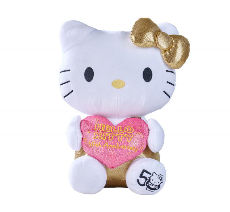 Hello Kitty Plüschtier, das ein herzförmiges Schild mit der Aufschrift 'Hello Kitty 50th Anniversary' hält.