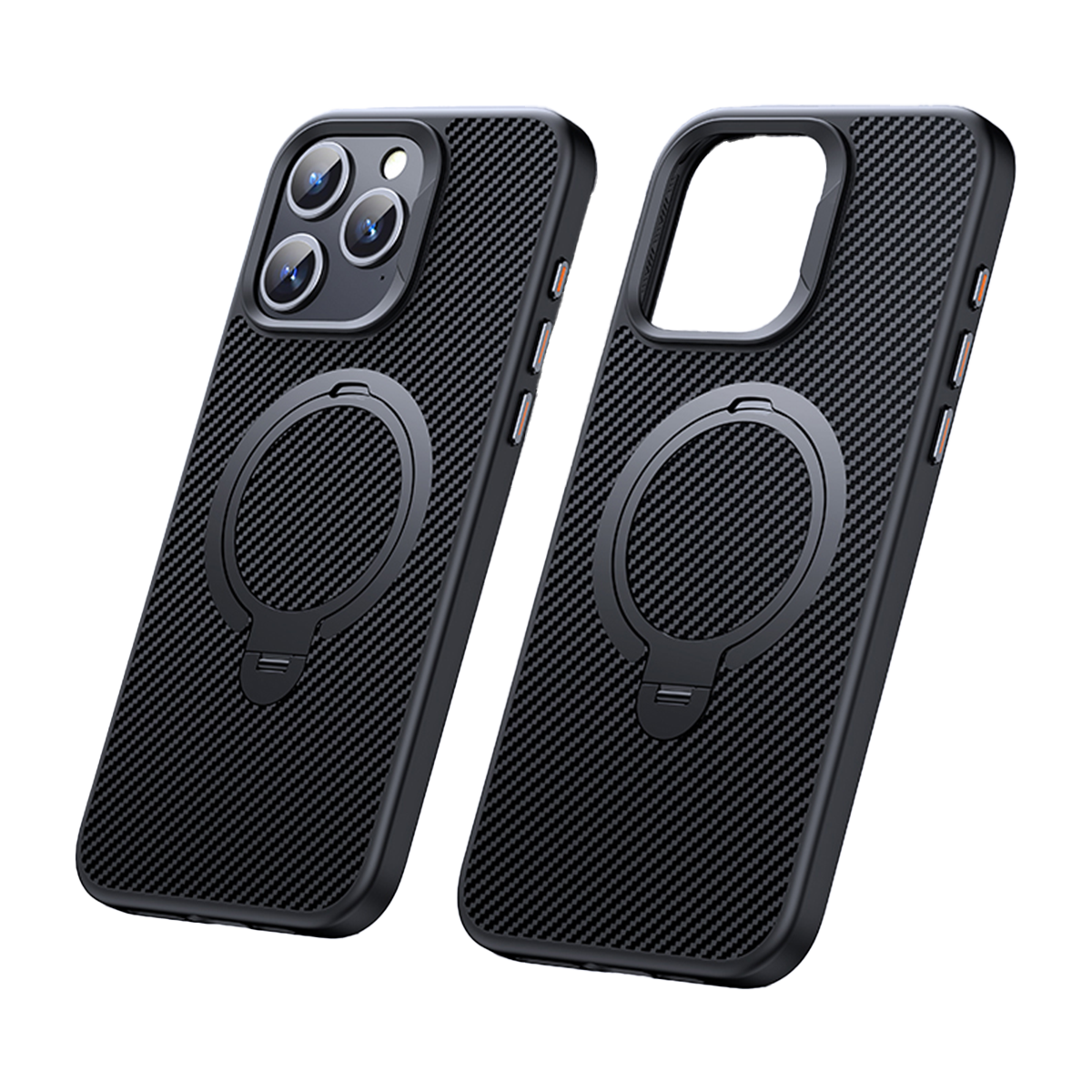 Karbon fiber dokulu ve manyetik halkalı iki siyah telefon kılıfı.