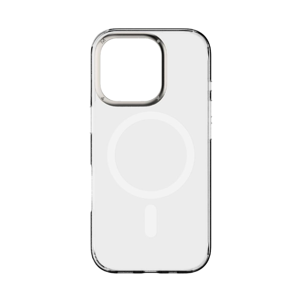 Siyah bir arka plan üzerinde kamera kesimi ve dairesel MagSafe tasarımına sahip şeffaf bir telefon kılıfı.