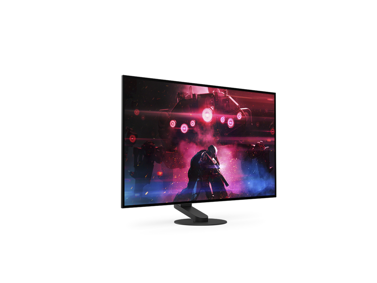Un grand moniteur d'ordinateur noir affichant une scène de jeu au design futuriste, sur fond blanc.