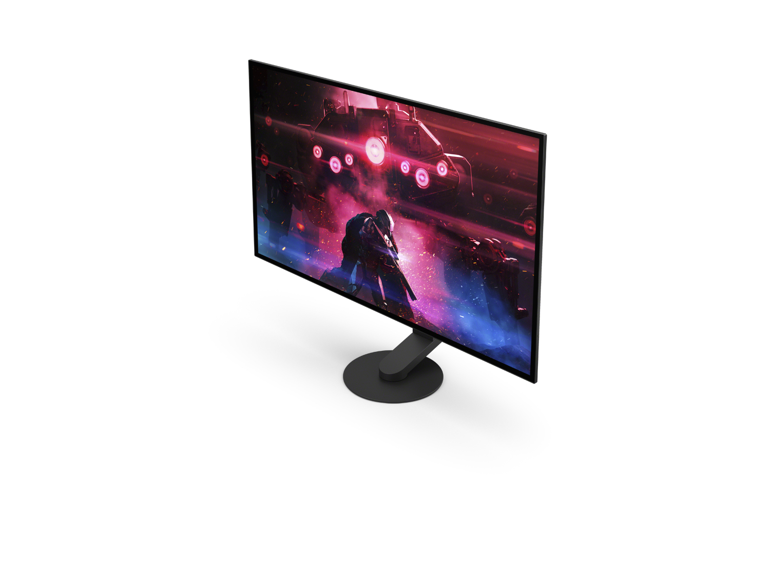 Vue de dessus d'un moniteur d'ordinateur noir sur un support noir, isolé sur blanc.