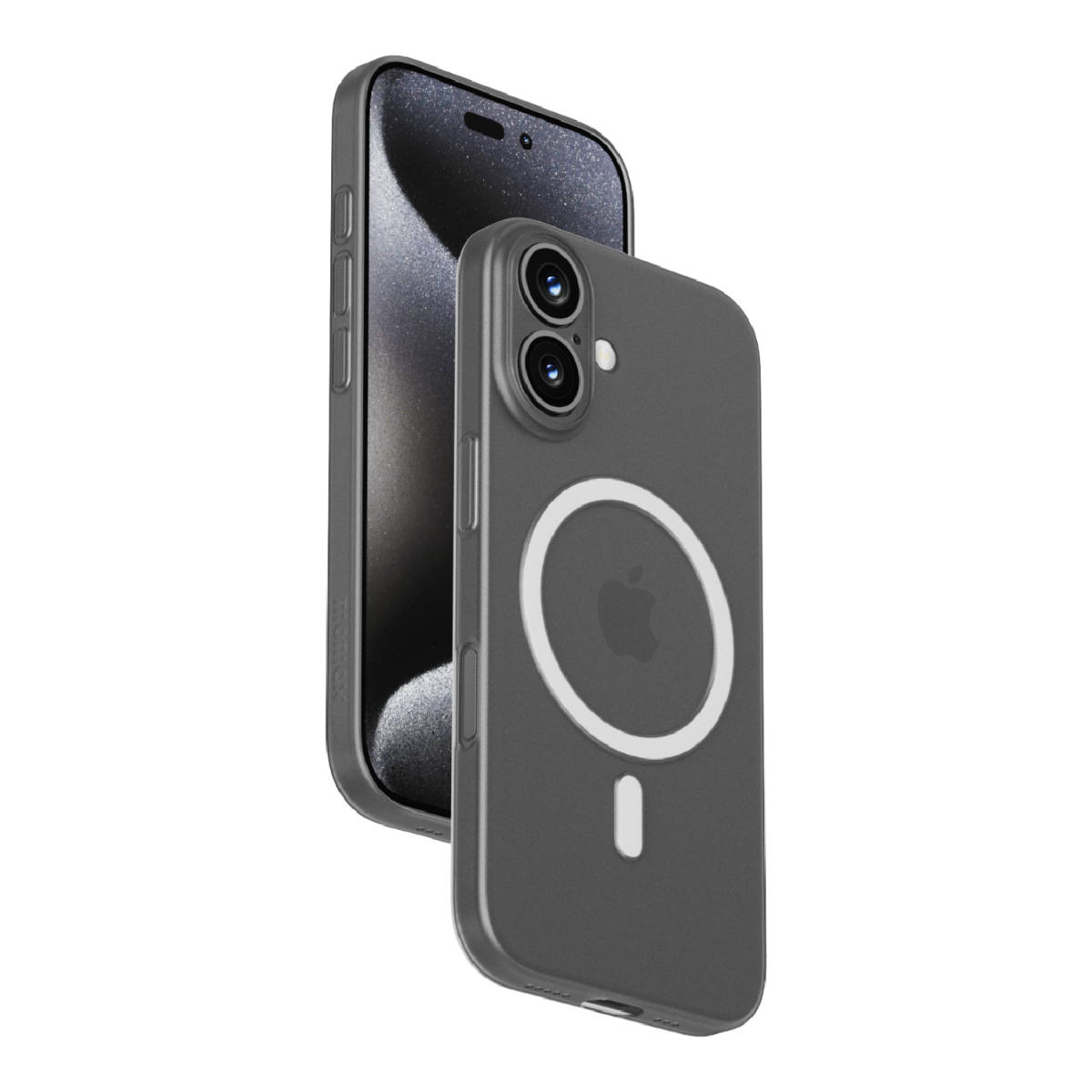 Karanlık bir kılıf ve Apple logosunu gösteren koruyucu bir kılıf ile bir iPhone.
