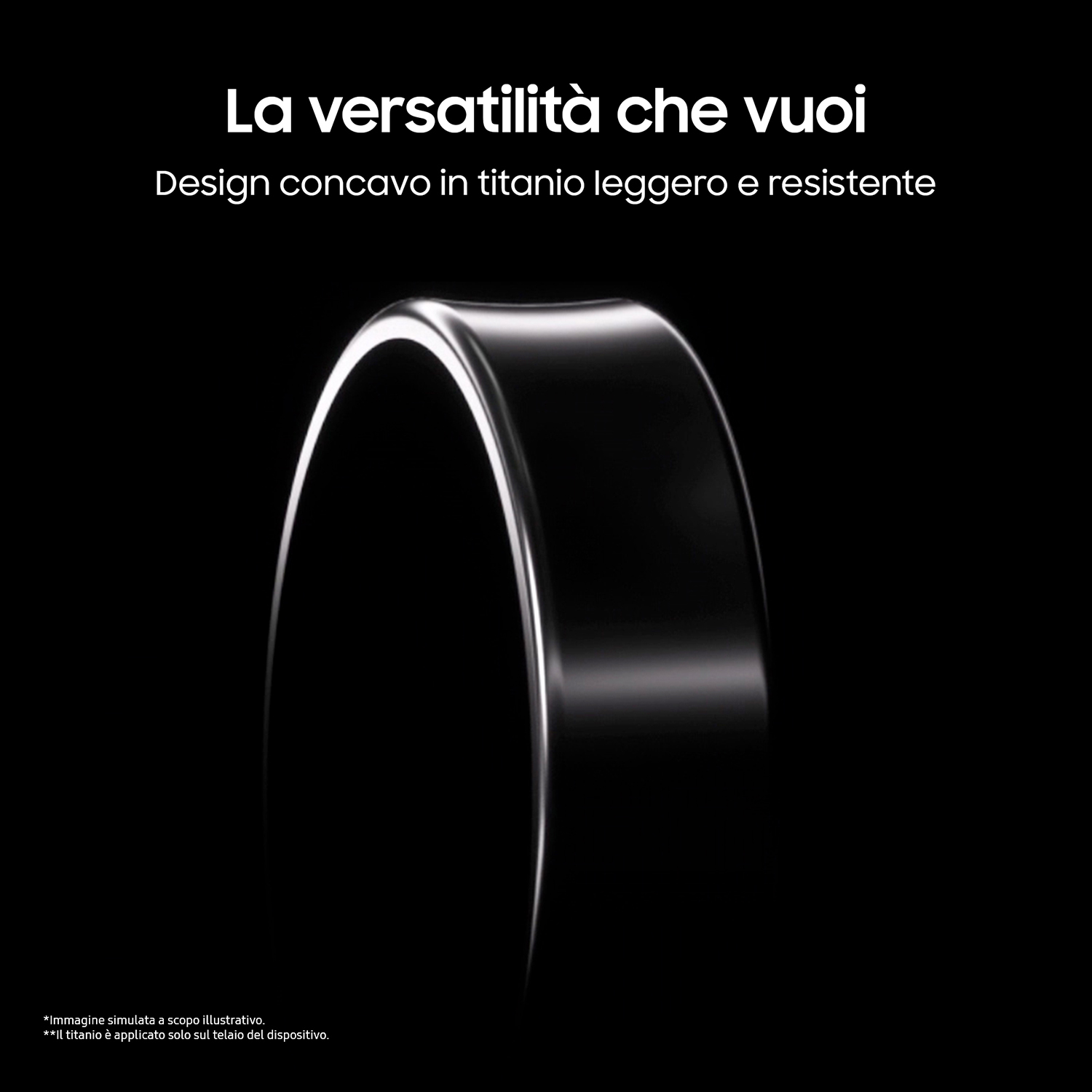 Primo piano di un anello di metallo nero curvo su sfondo nero.