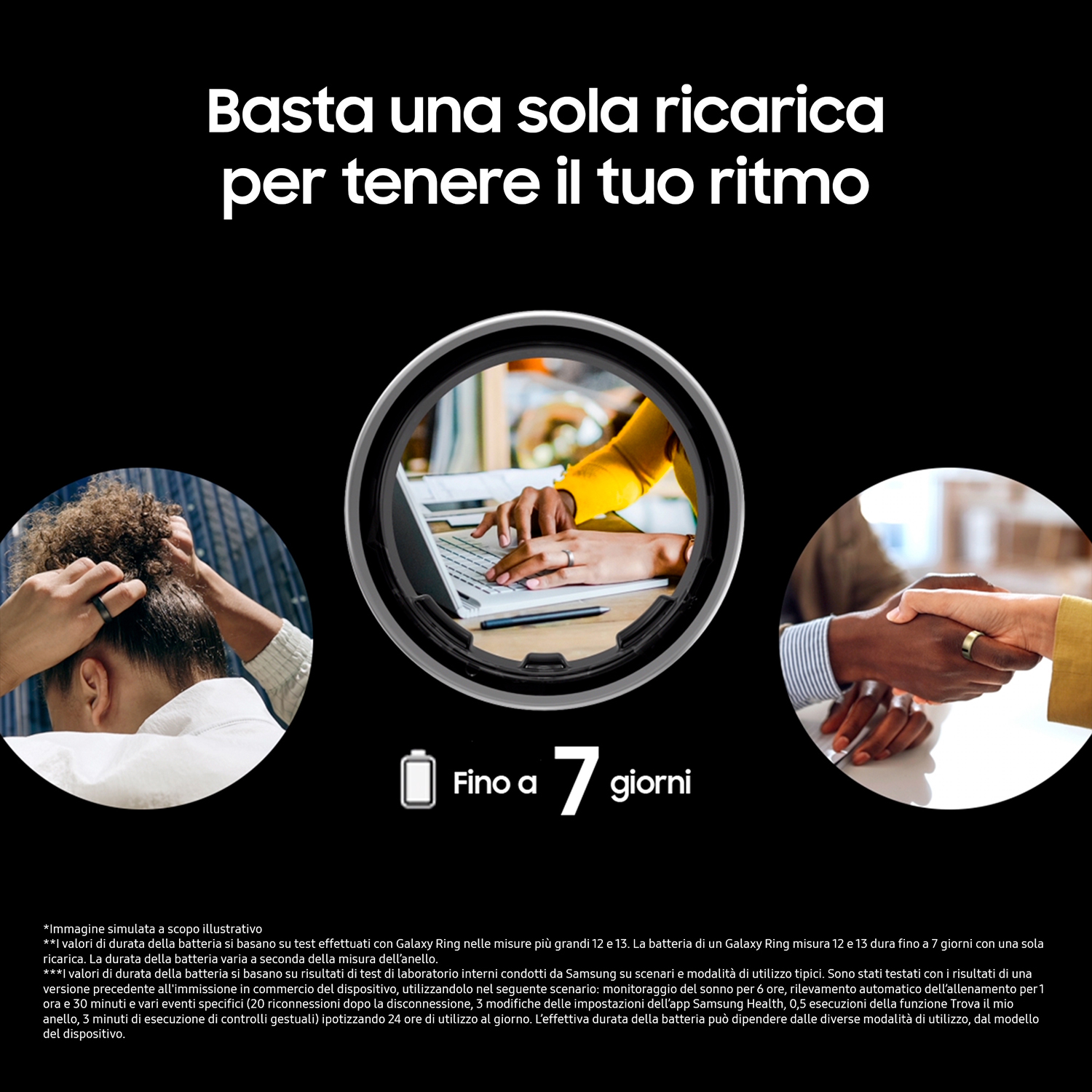 Immagine che mostra anelli sulle mani e un laptop, con un'icona della batteria.