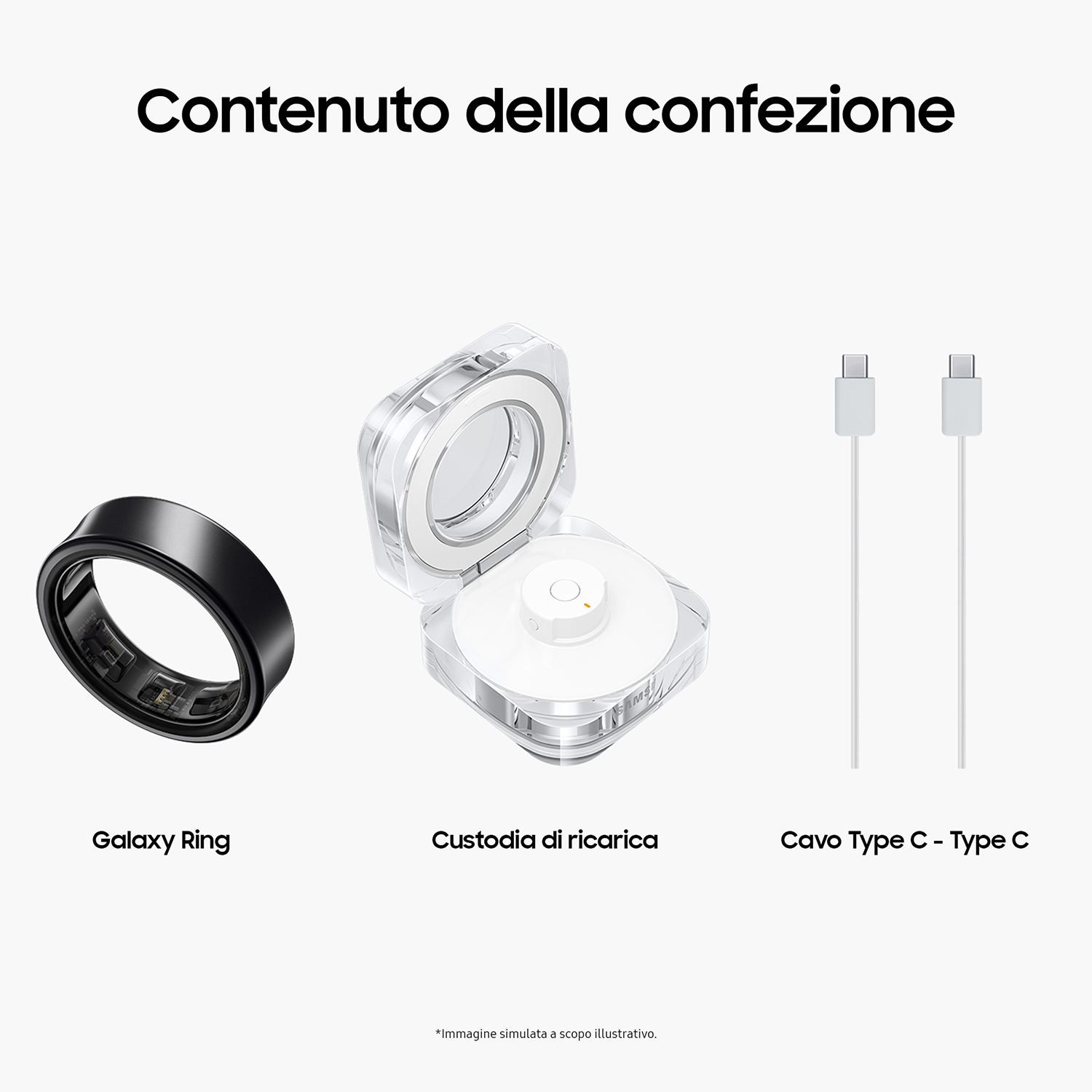 Contenuto di una confezione, tra cui un Galaxy Ring nero, una custodia di ricarica e due cavi bianchi.