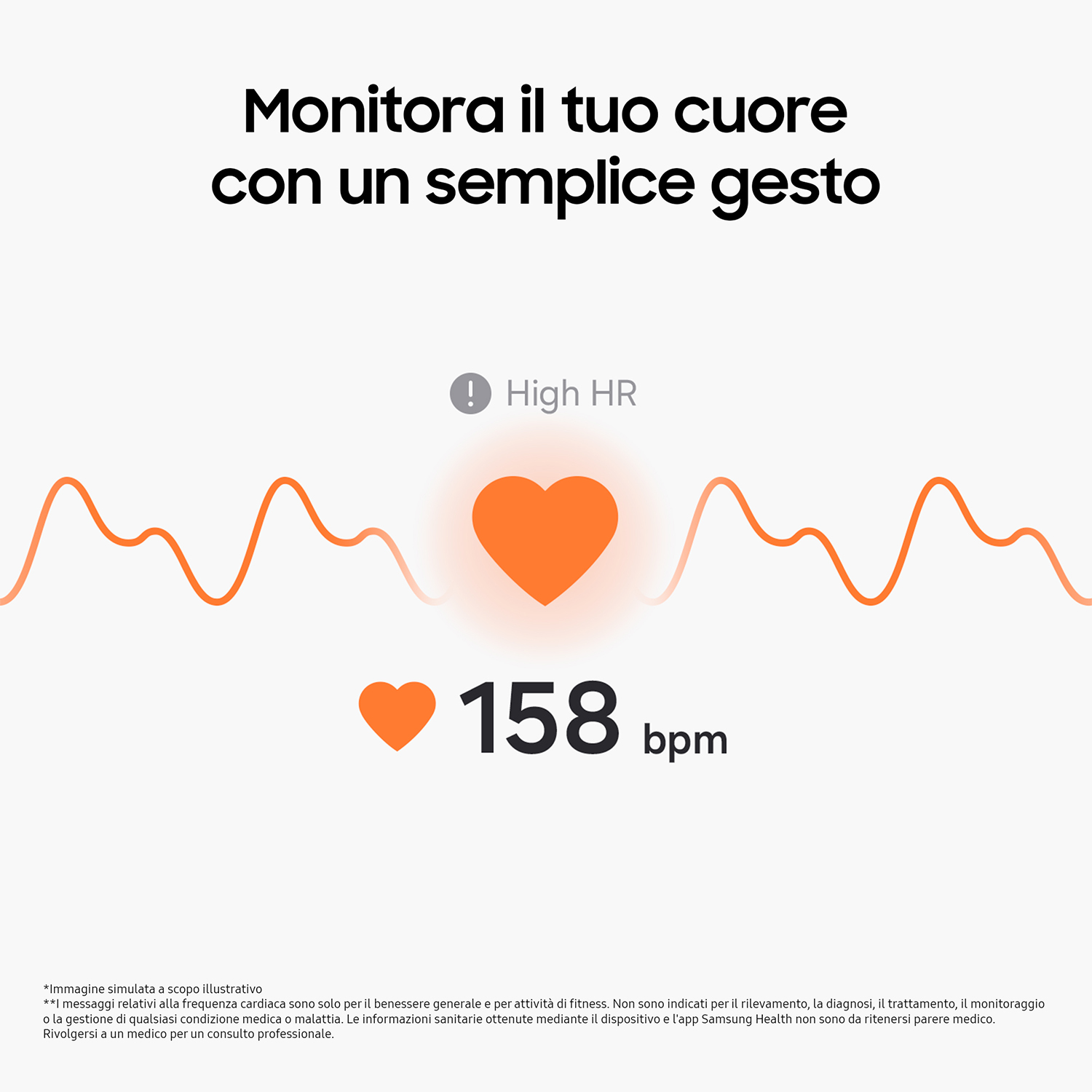 Display del cardiofrequenzimetro con icona a cuore e forma d'onda. Schema colori arancione.