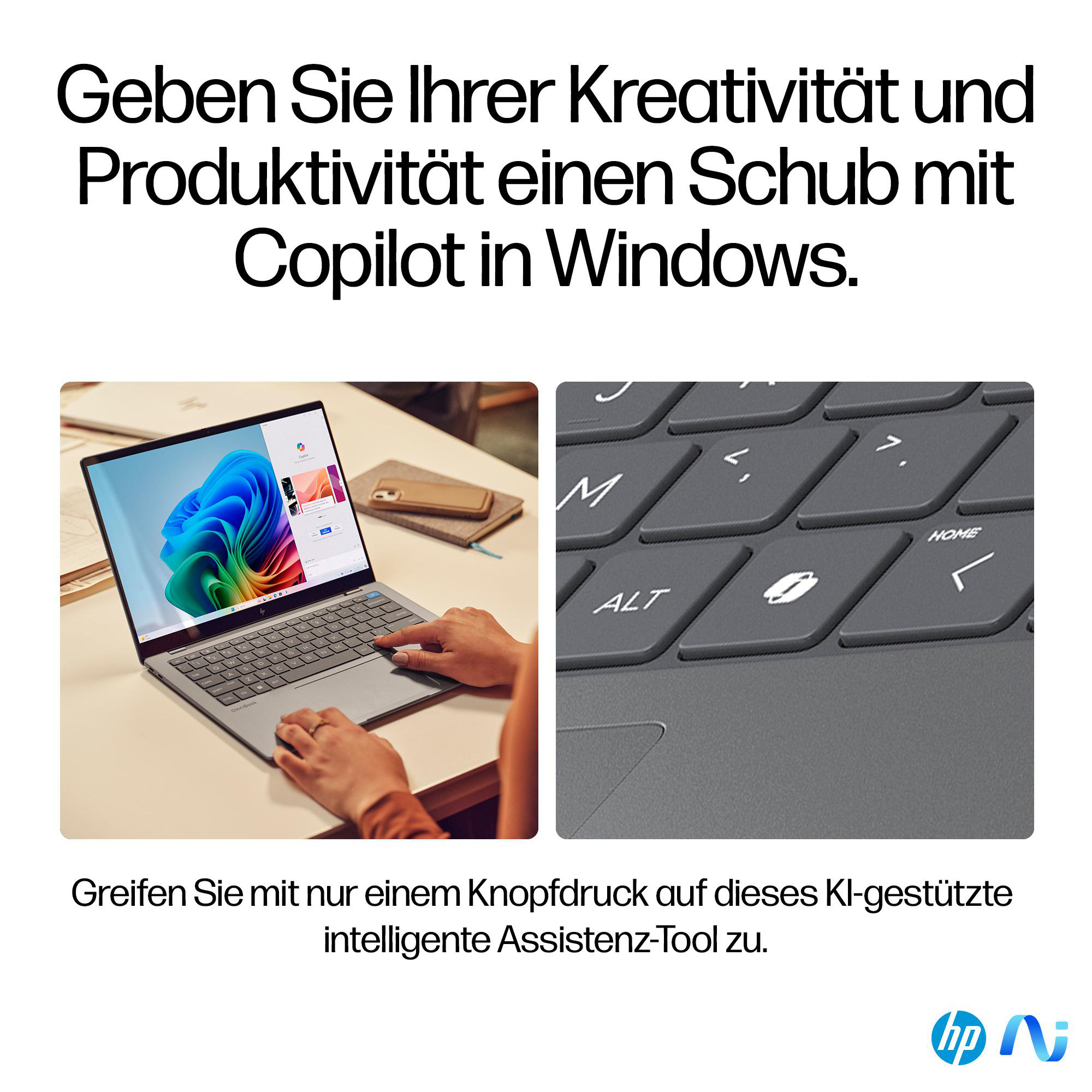 Laptop, Person benutzt ihn, Nahaufnahme der Tastatur. Text oben.
