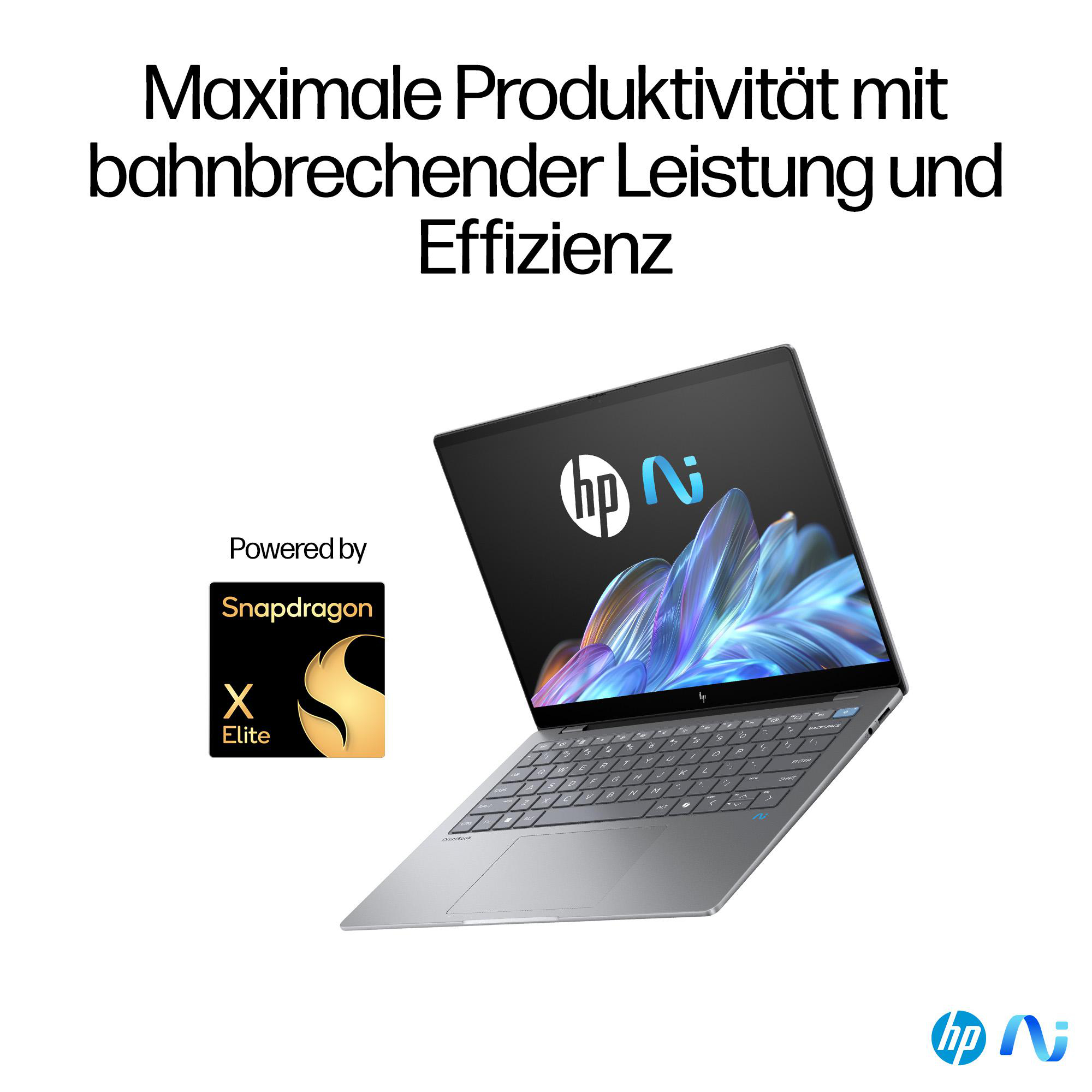 Laptop auf einem Tisch mit HP-Logo. Snapdragon- und Elite-Logos links.