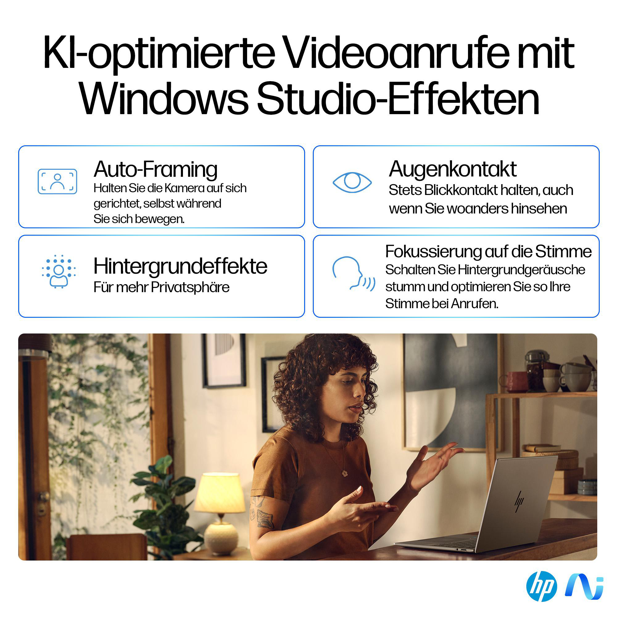 Frau am Schreibtisch mit Laptop, Text über KI-optimierte Videoanrufe und Funktionen.