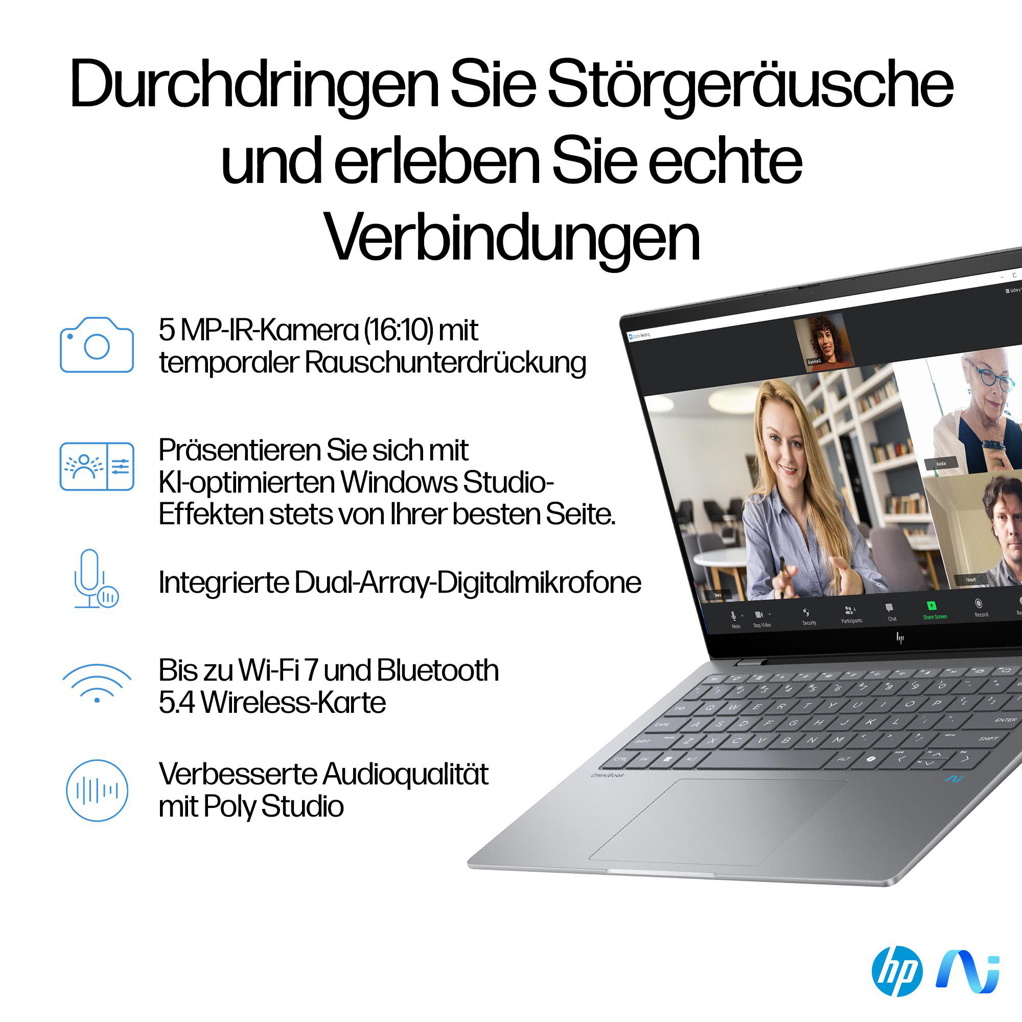 Laptop-Bildschirm, der einen Videoanruf mit vier Teilnehmern zeigt. Text und Symbole werden um den Bildschirm angezeigt.