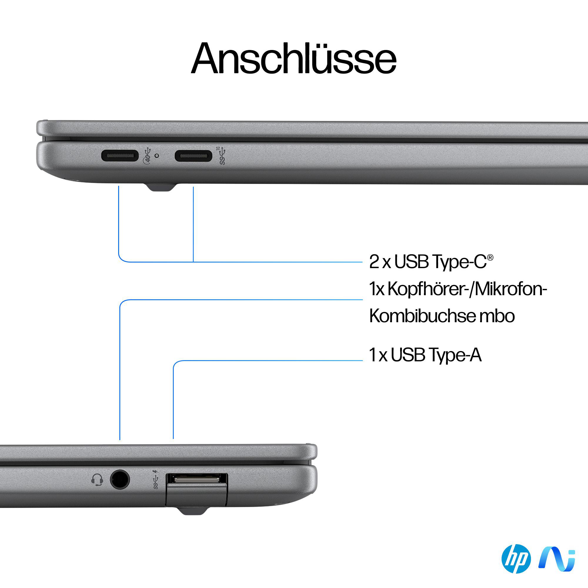 Nahaufnahme der seitlichen Anschlüsse eines grauen Laptops mit USB- und Audioanschlüssen.