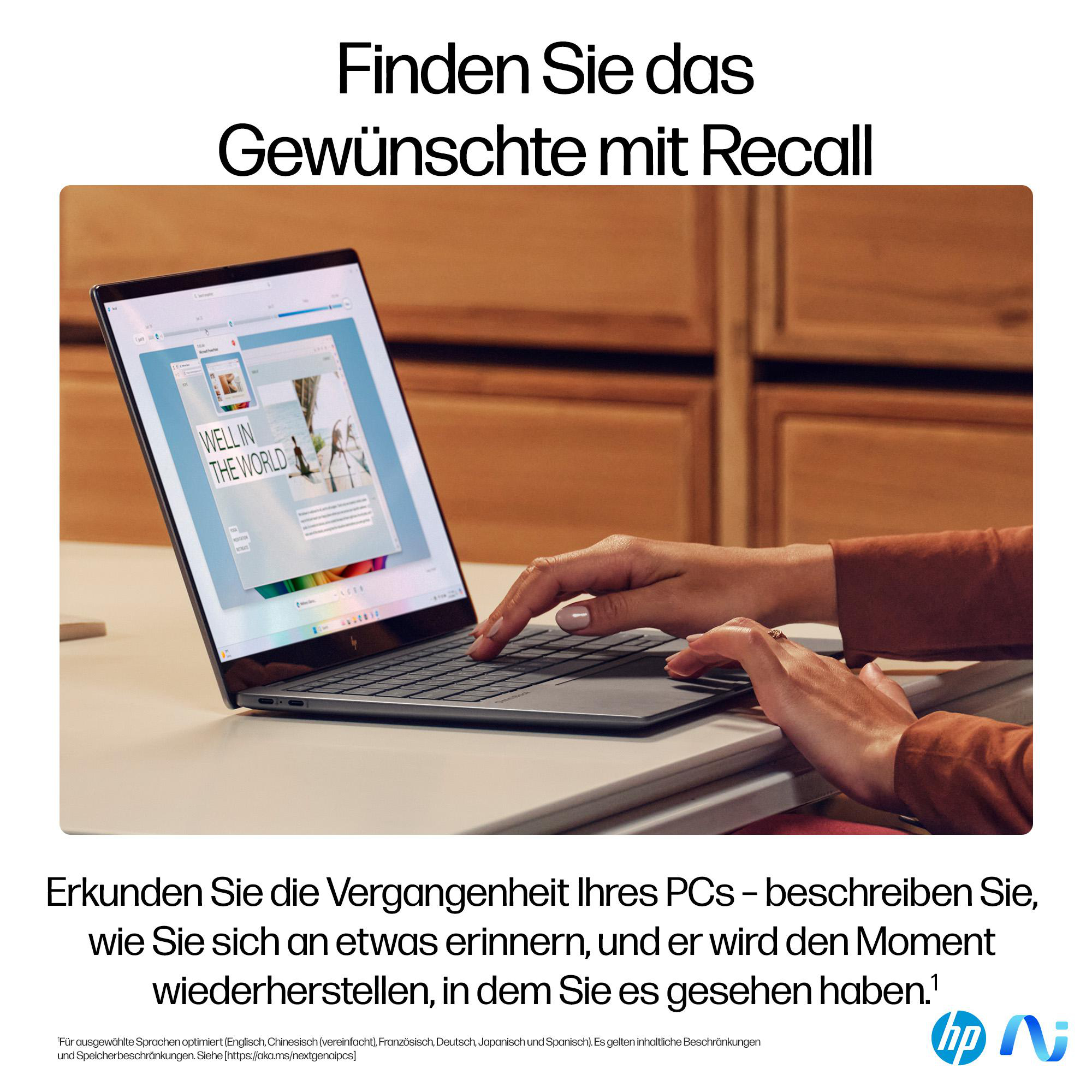 Person verwendet Laptop. Bildschirm zeigt Website. Text: Finden Sie, was Sie wollen.