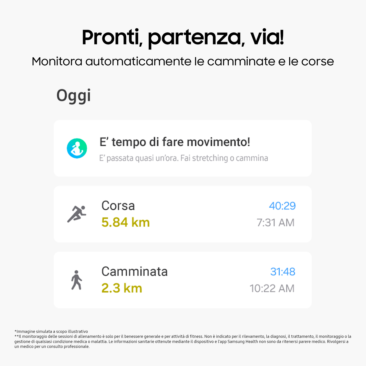 Uno schermo mostra le metriche di fitness: tempo, distanza e ritmo. Il testo è in italiano.
