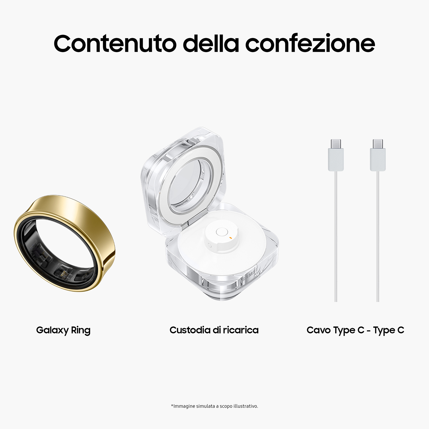 Anello Galaxy, custodia di ricarica e due cavi USB-C bianchi. Tutto su sfondo bianco.